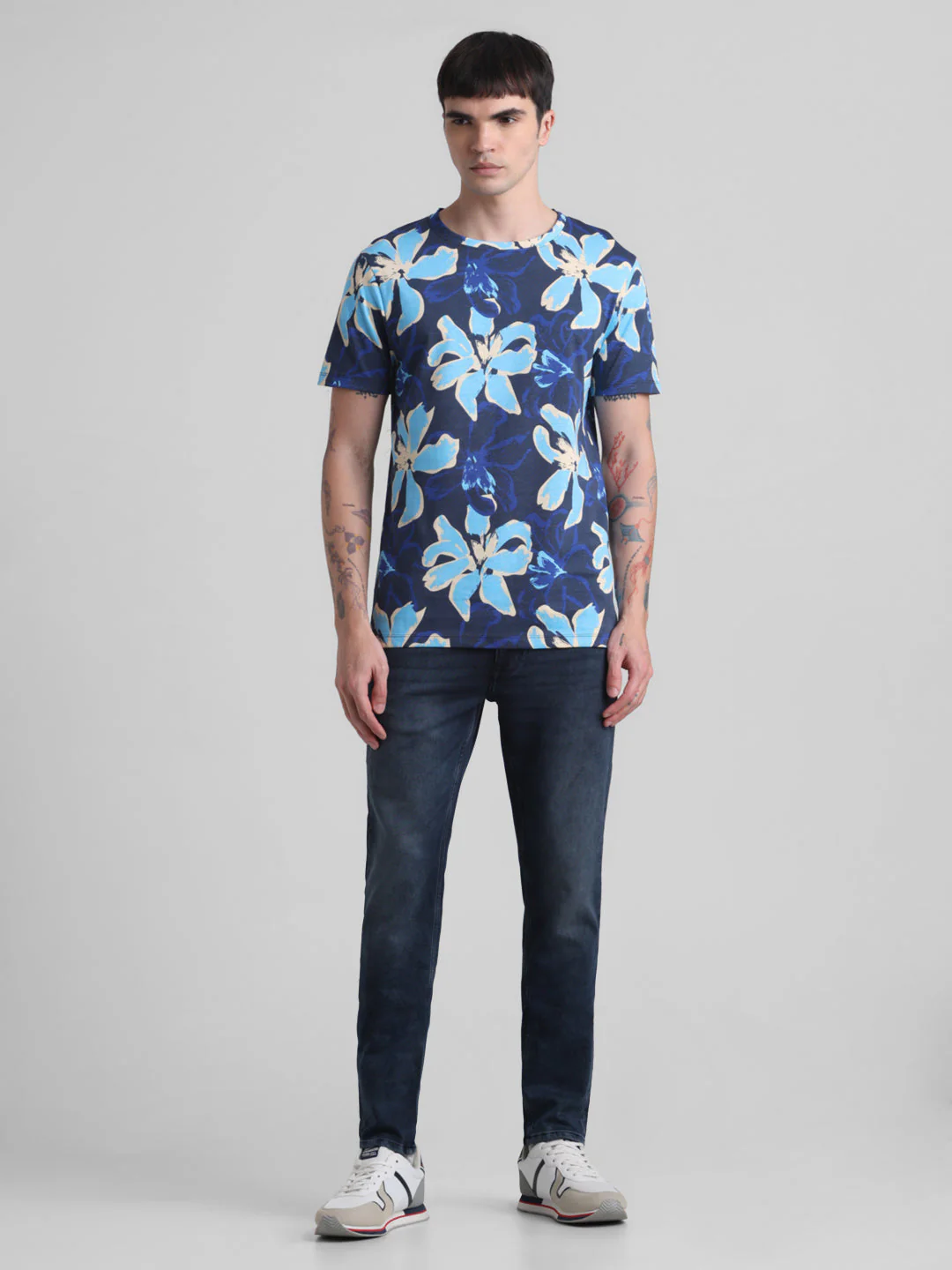 Navy Floral Cotton T-shirt - Image 6