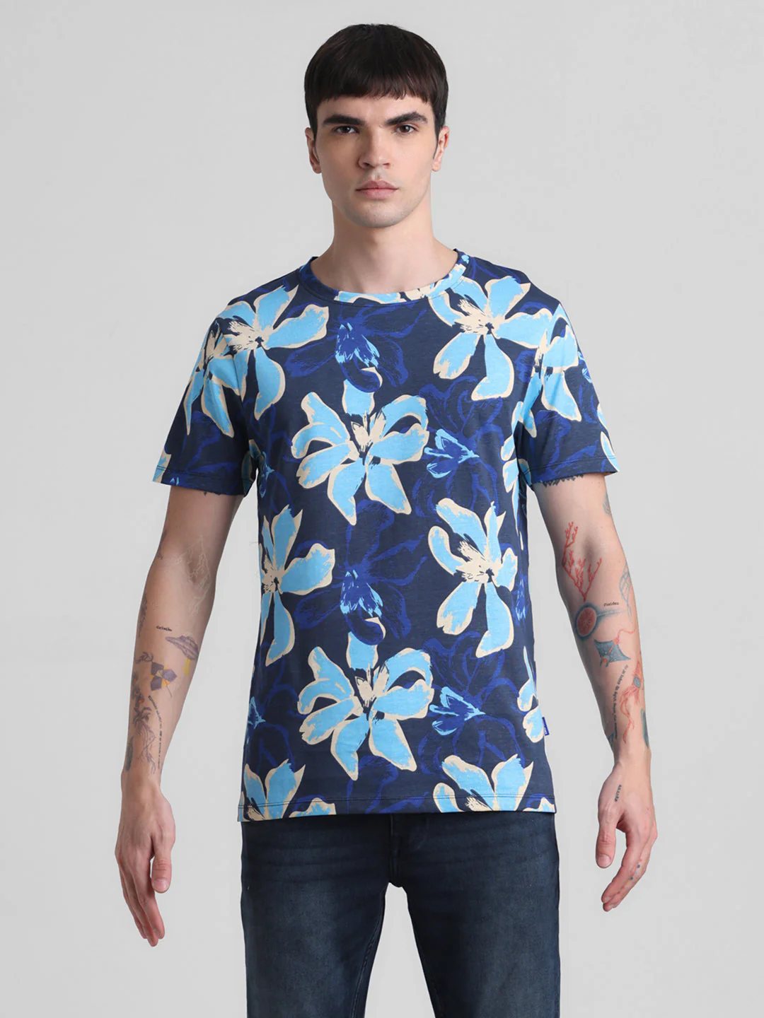 Navy Floral Cotton T-shirt - Image 8