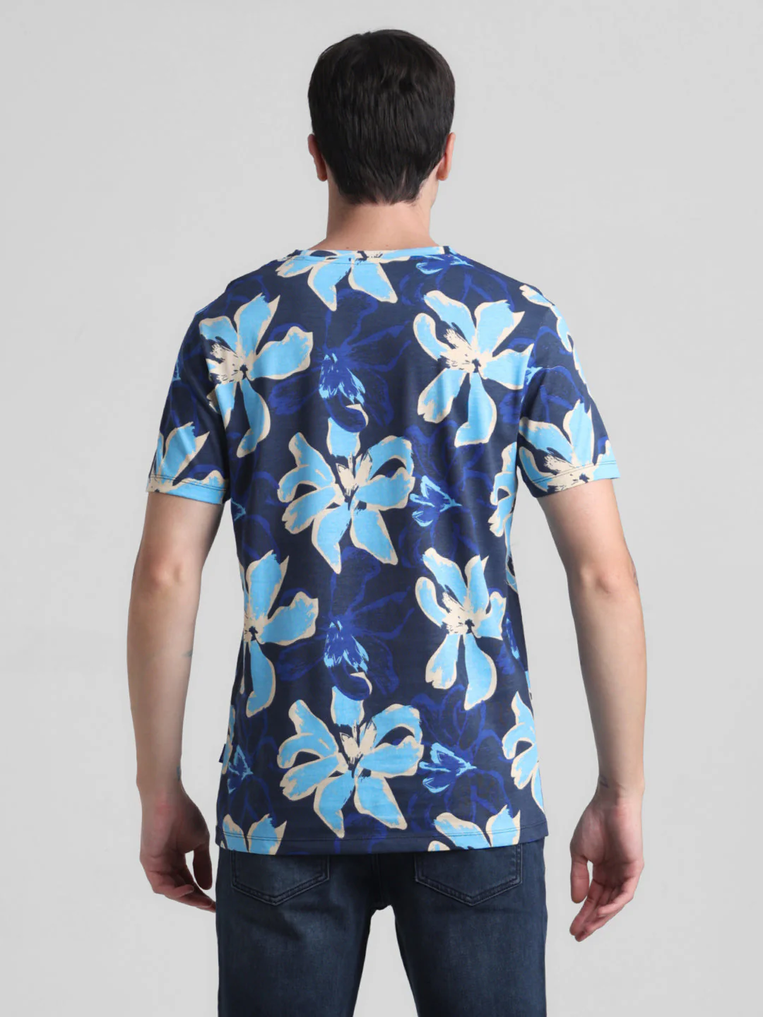 Navy Floral Cotton T-shirt - Image 9