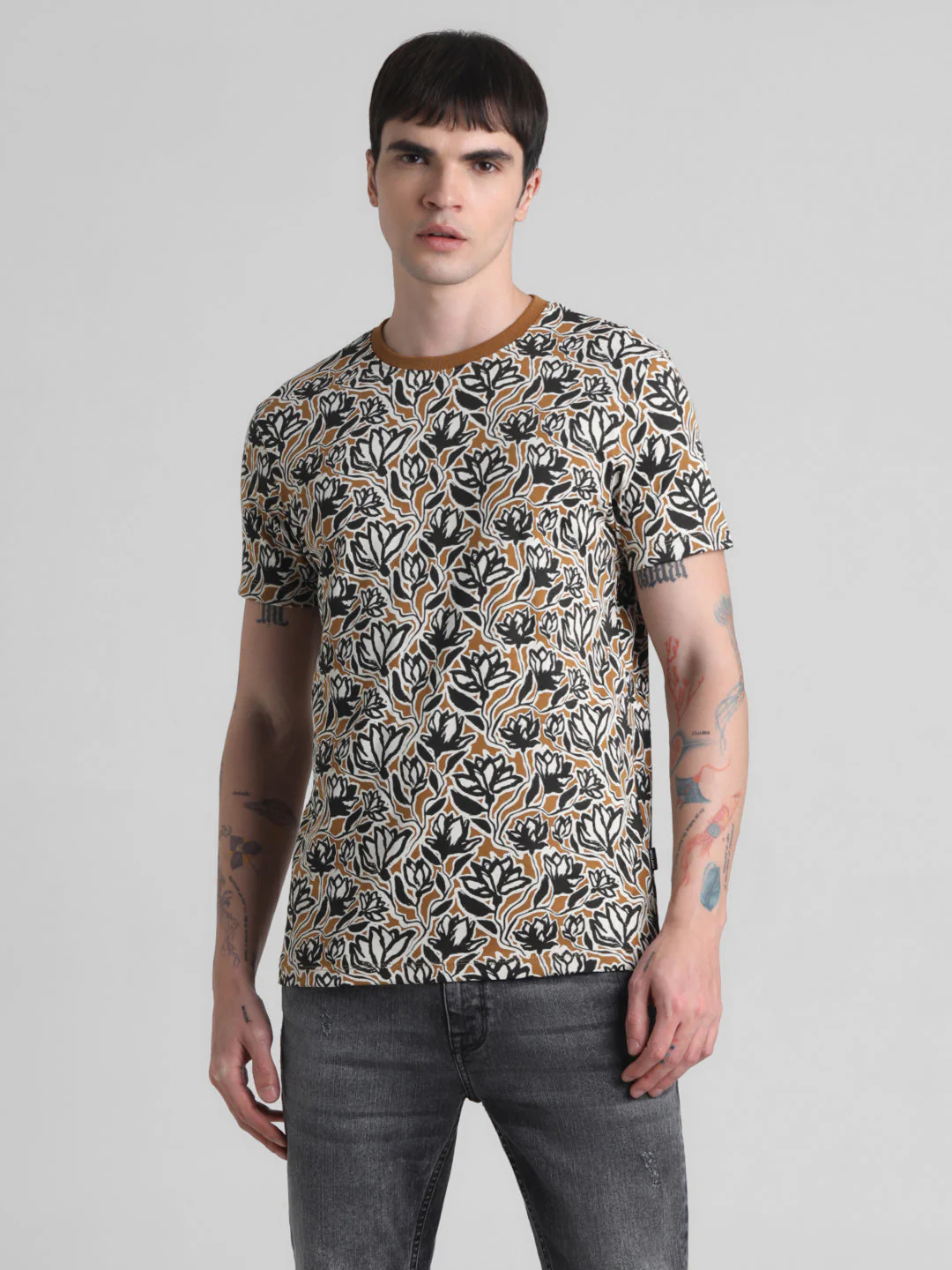 Floral Cotton Slim Fit T-shirt - Golden Brown - Image 2