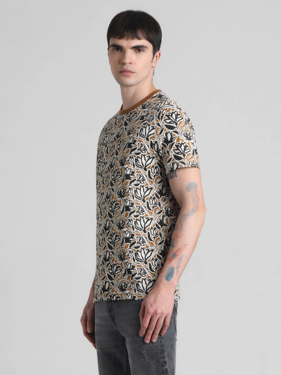 Floral Cotton Slim Fit T-shirt - Golden Brown - Image 3