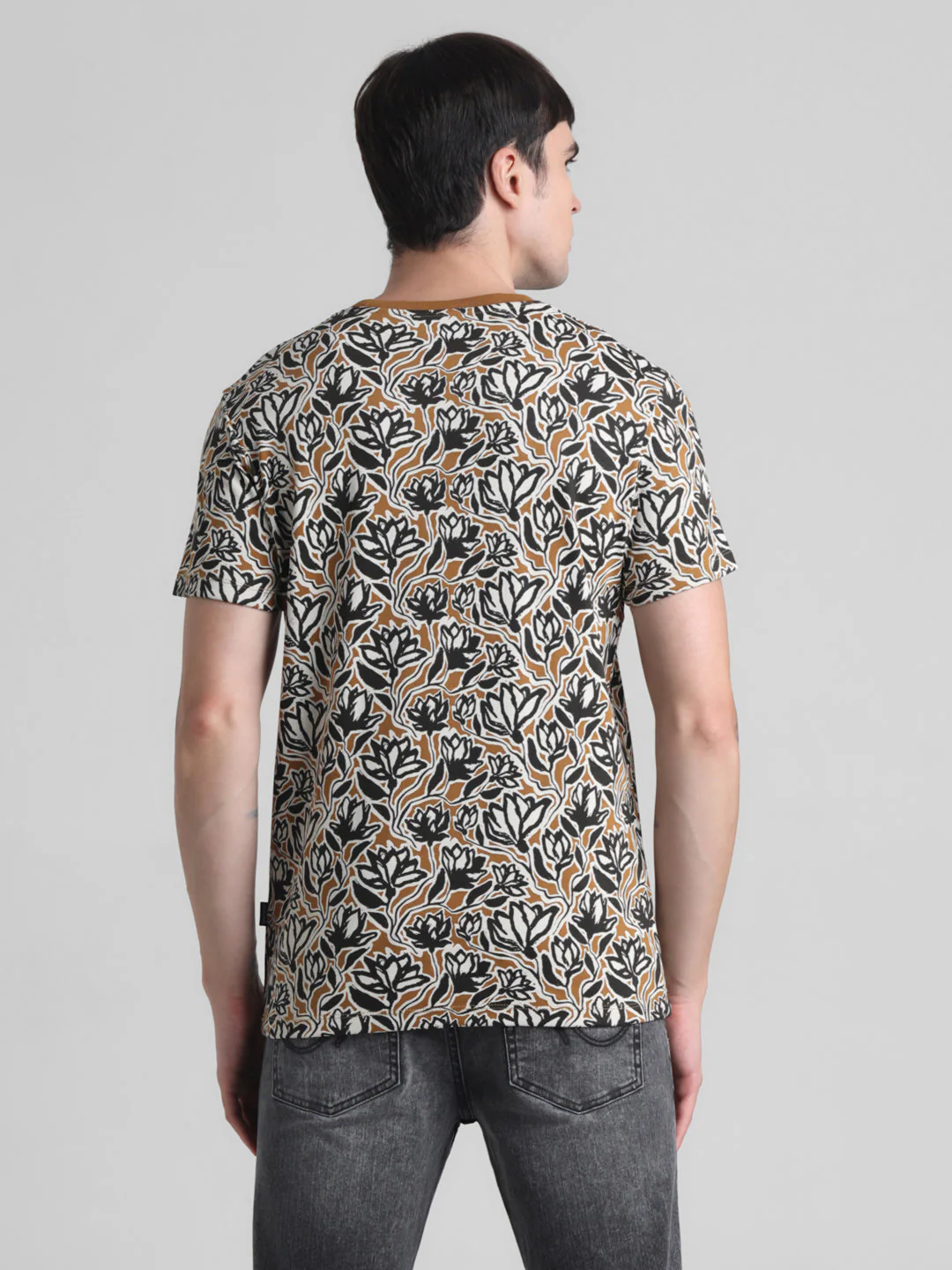 Floral Cotton Slim Fit T-shirt - Golden Brown - Image 4