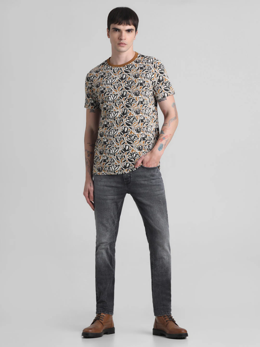 Floral Cotton Slim Fit T-shirt - Golden Brown - Image 6