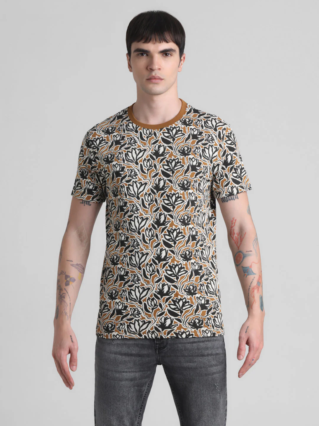 Floral Cotton Slim Fit T-shirt - Golden Brown - Image 8