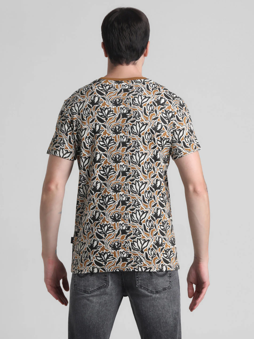 Floral Cotton Slim Fit T-shirt - Golden Brown - Image 9