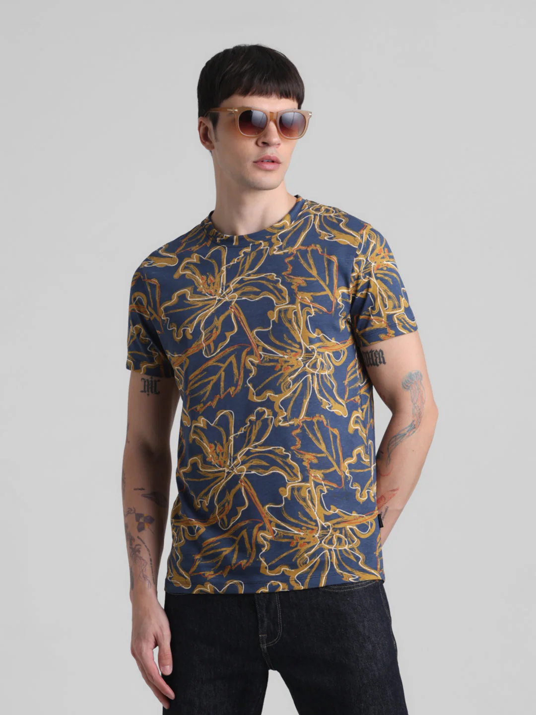 Navy Floral Slim Fit T-shirt