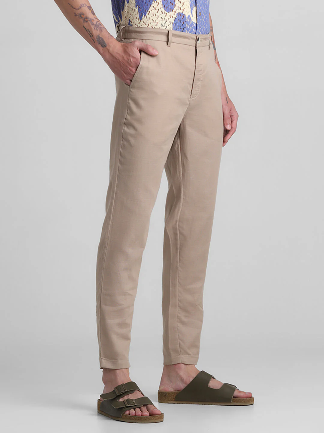 Beige Cotton Slim Fit Pants - Image 2