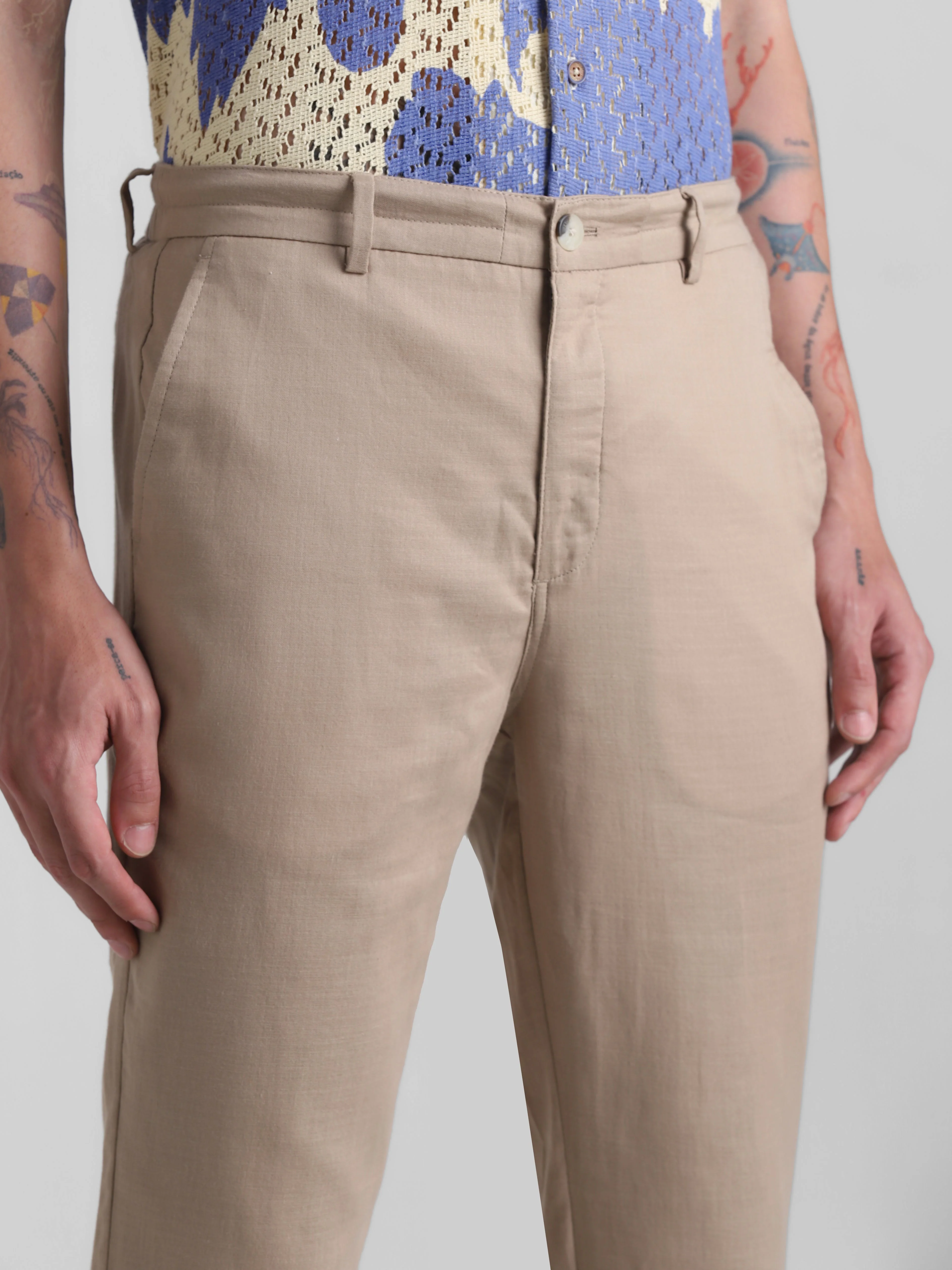 Beige Cotton Slim Fit Pants - Image 4