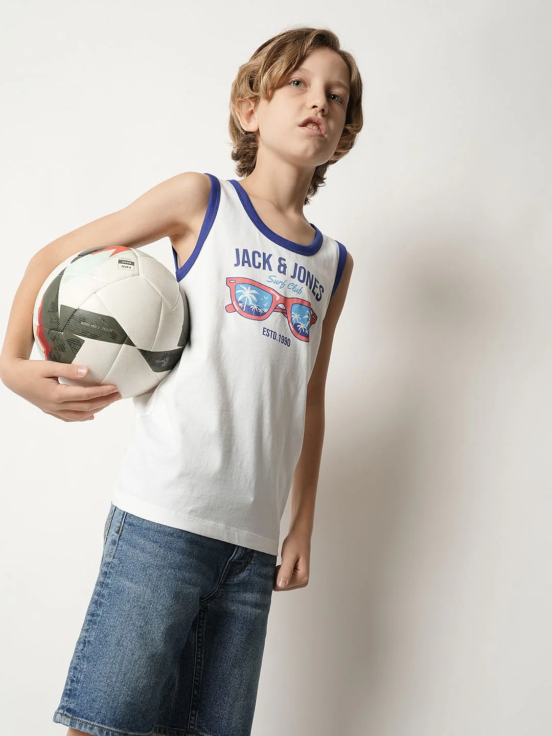 Boys White Printed Sleeveless T-shirt