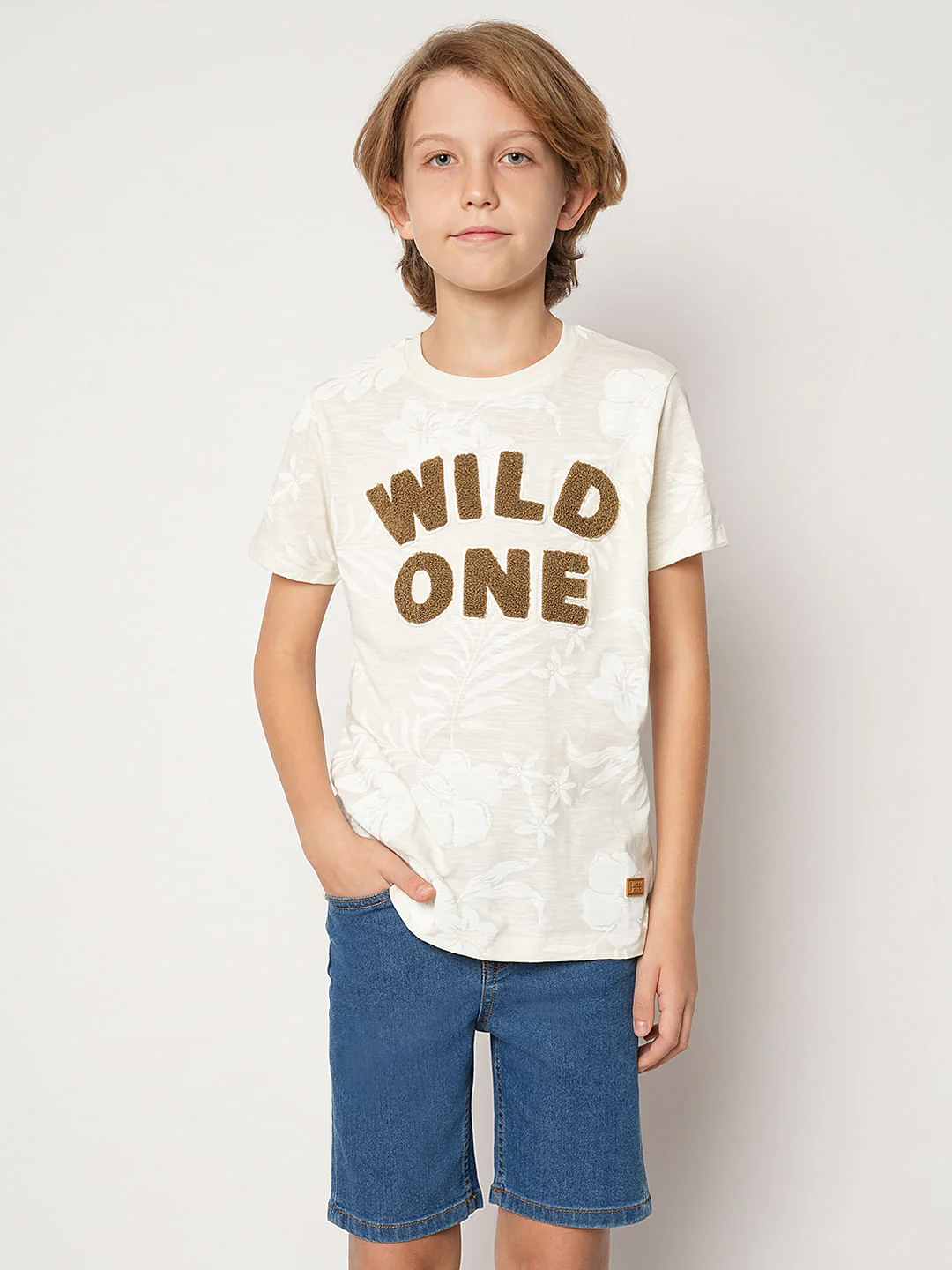 Boys Beige Printed Cotton T-shirt - Image 2