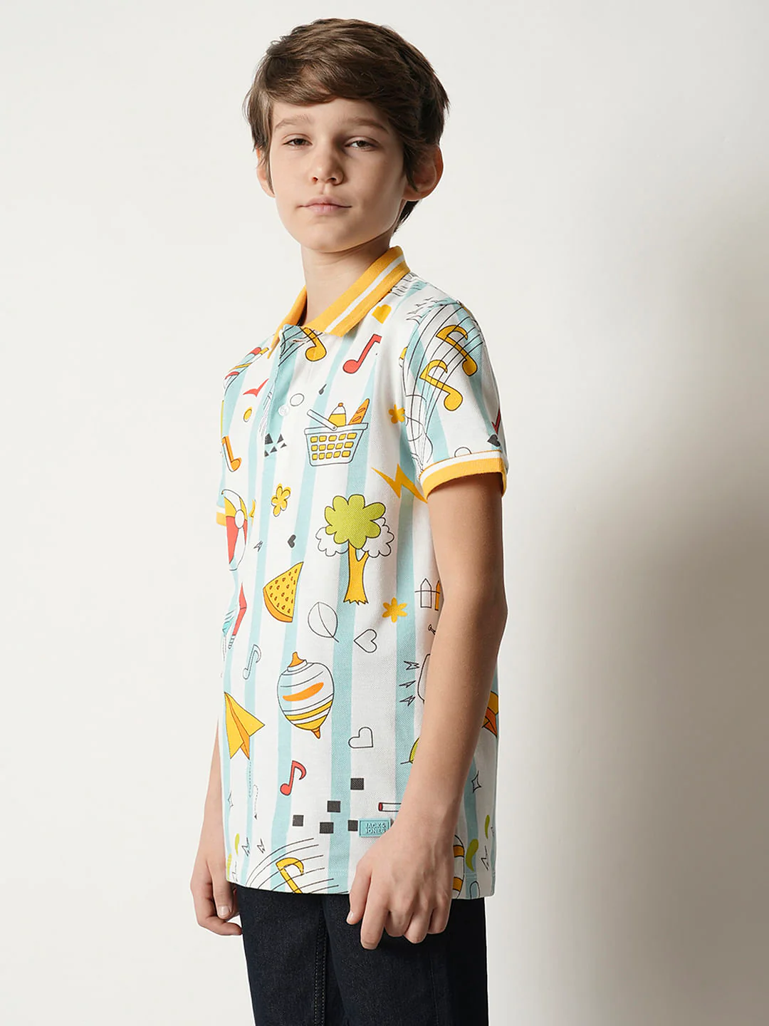 Boys White Printed Polo T-shirt - Image 3