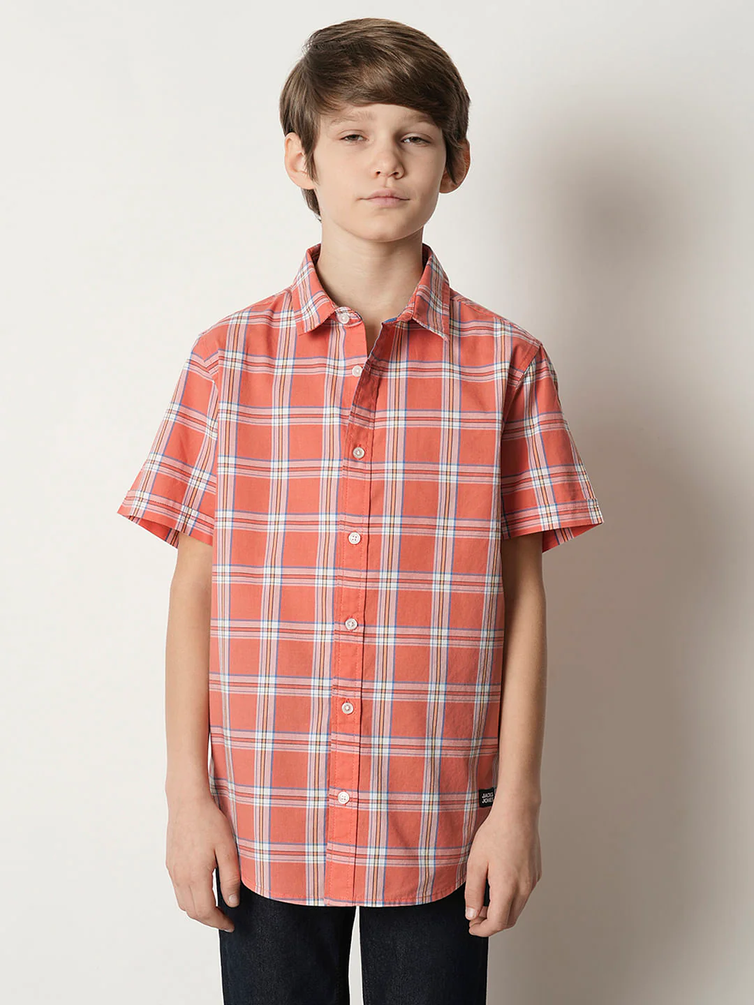 Boys Peach Check Cotton Shirt - Image 2