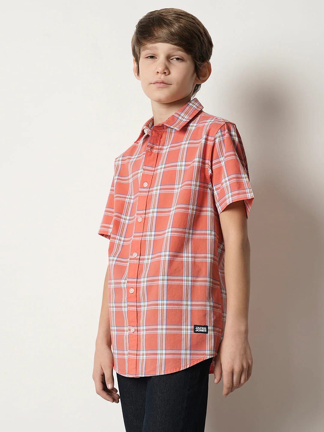Boys Peach Check Cotton Shirt - Image 3