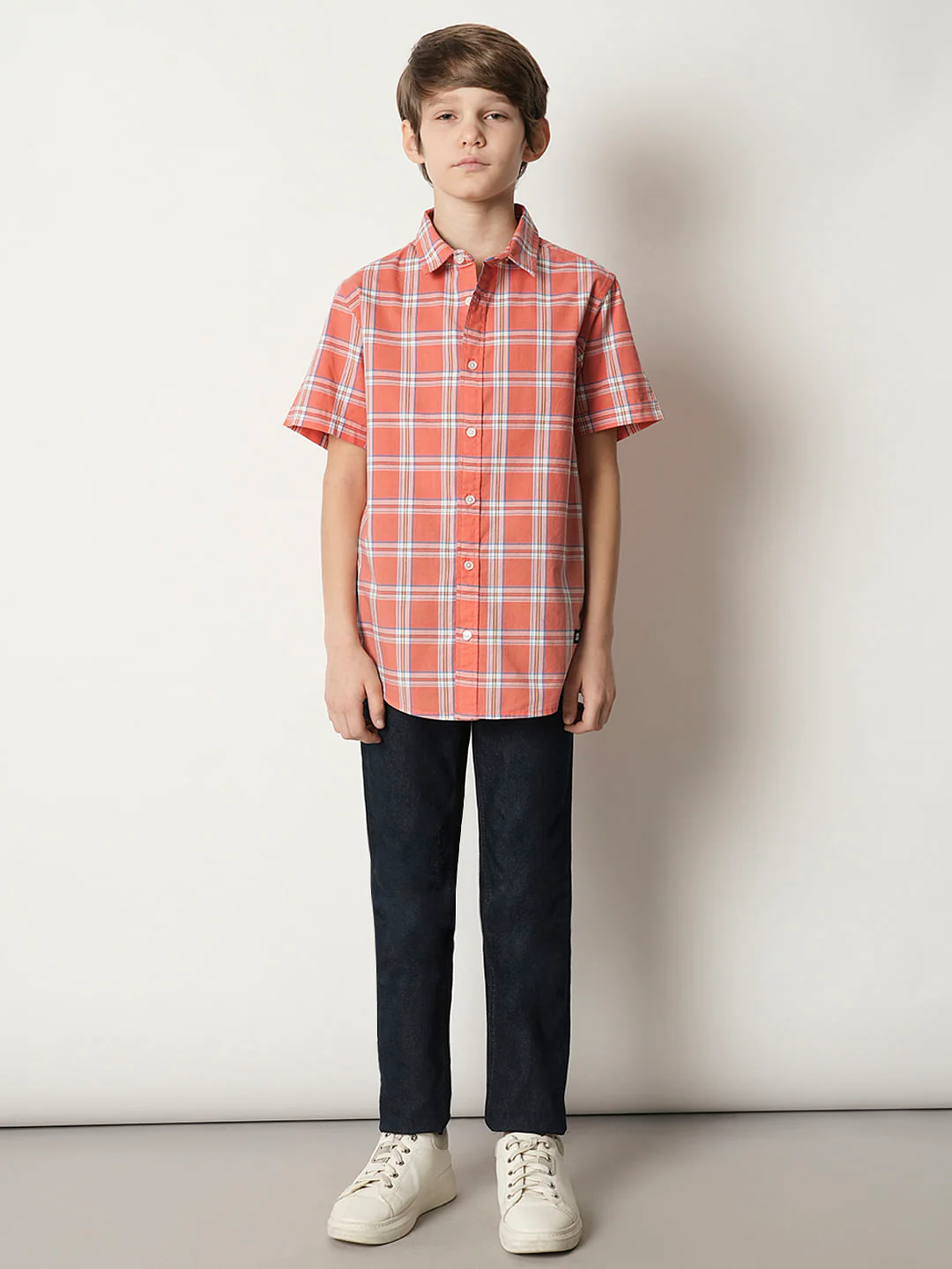 Boys Peach Check Cotton Shirt - Image 5