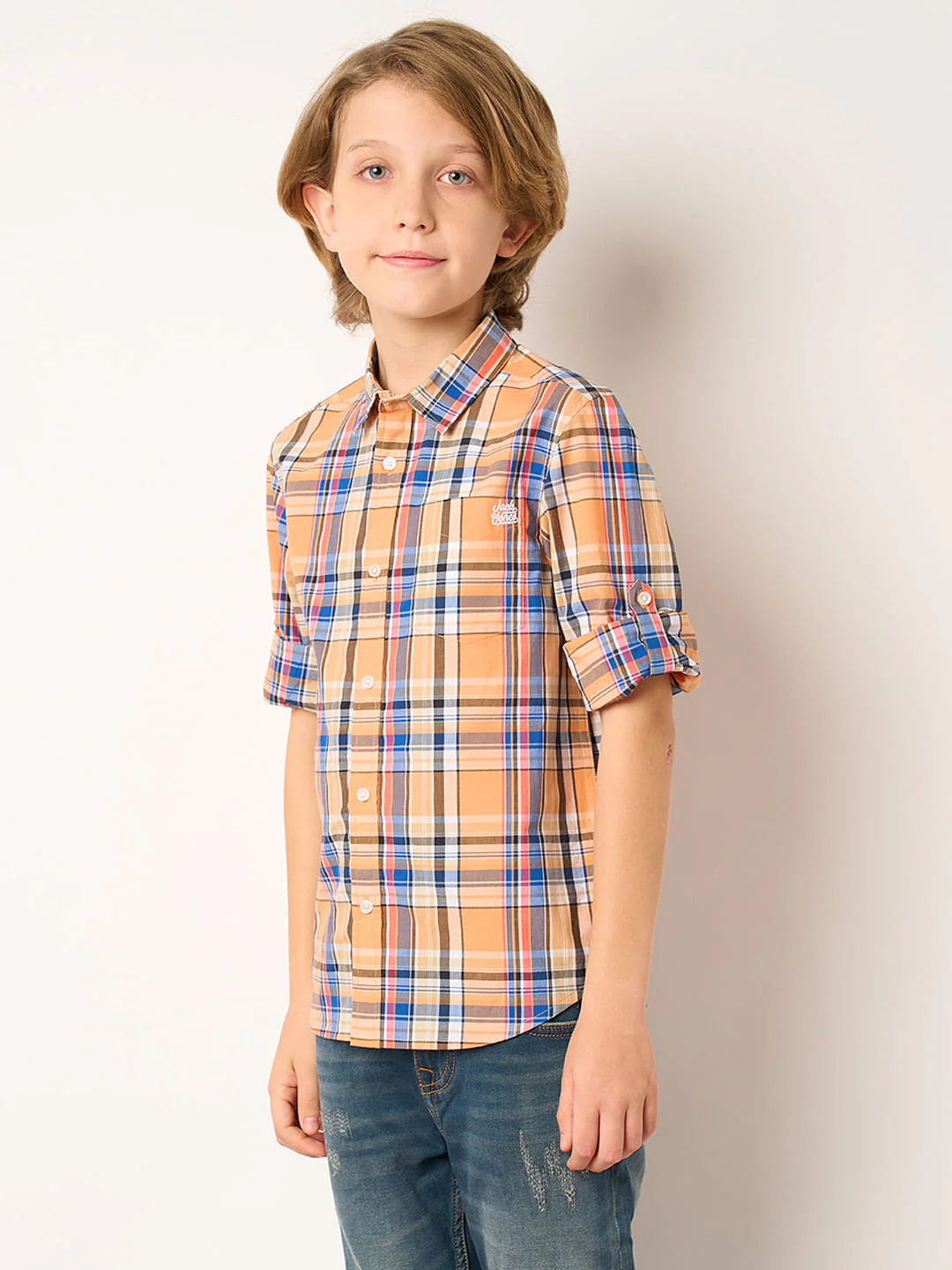 Boys Peach Check Full Sleeves Shirt - Image 3