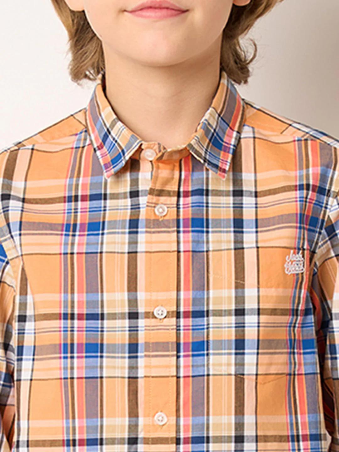 Boys Peach Check Full Sleeves Shirt - Image 6