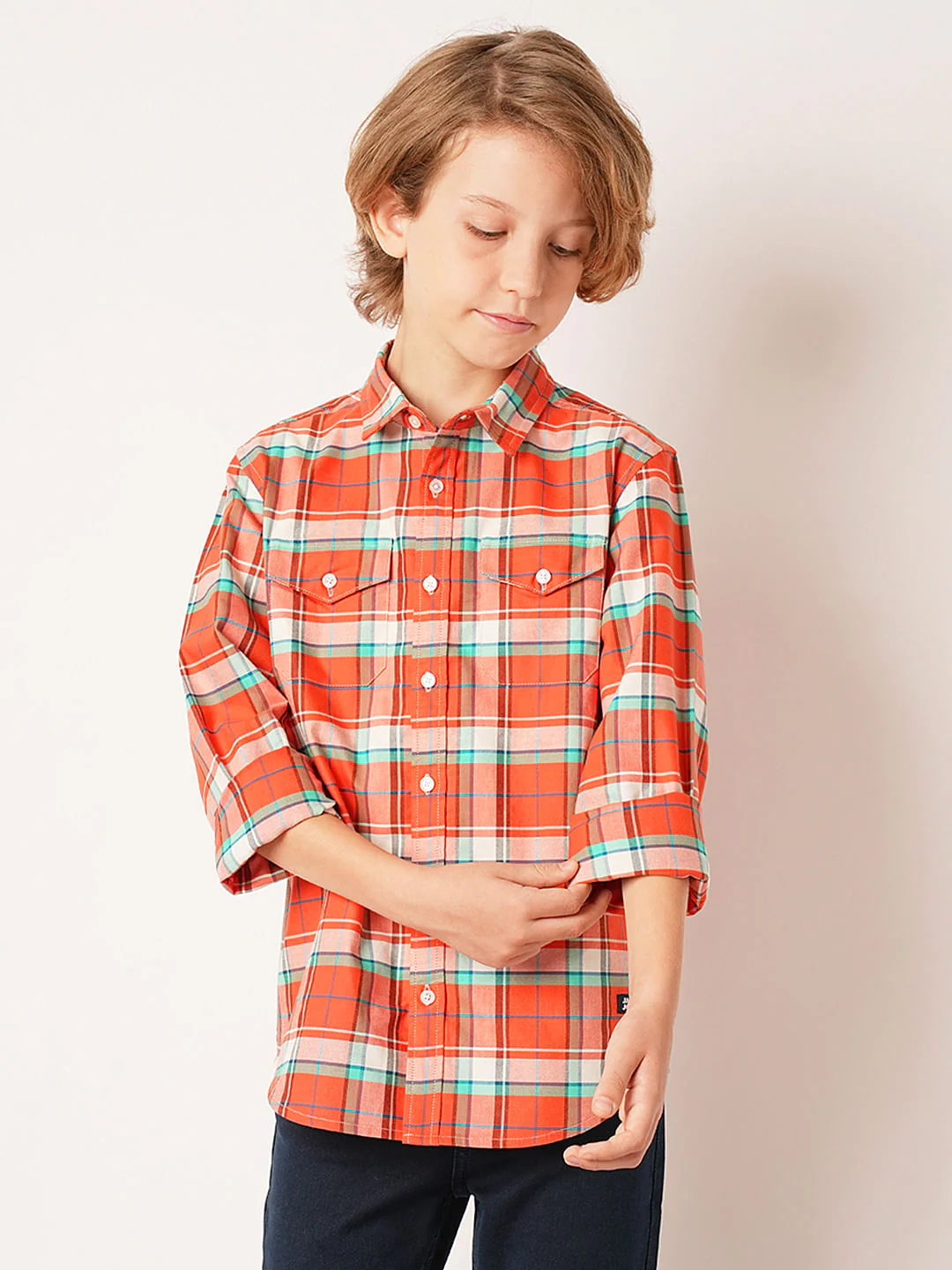 Boys Red Check Full Sleeves Shirt - Image 2