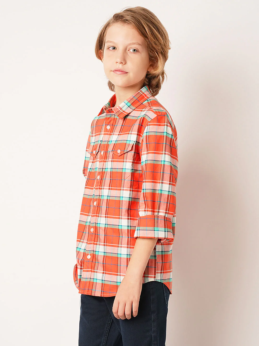 Boys Red Check Full Sleeves Shirt - Image 3