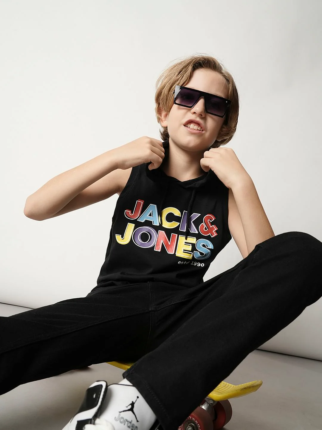 Boys Black Logo Print Hooded T-shirt