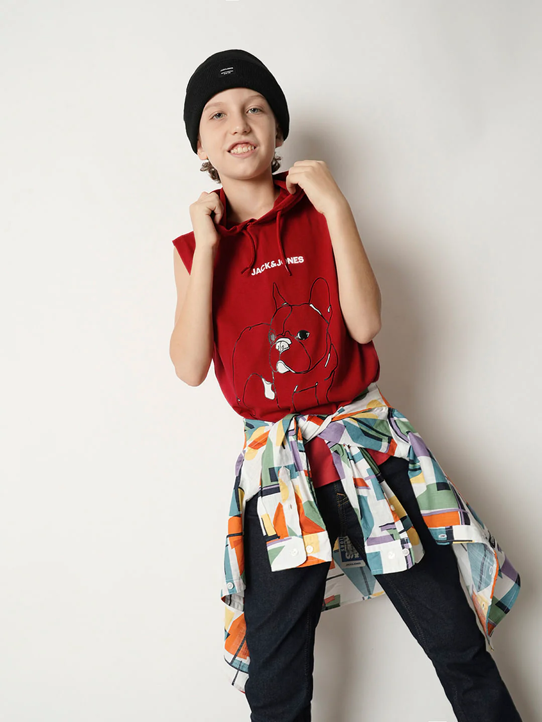 Boys Red Printed Hooded T-shirt