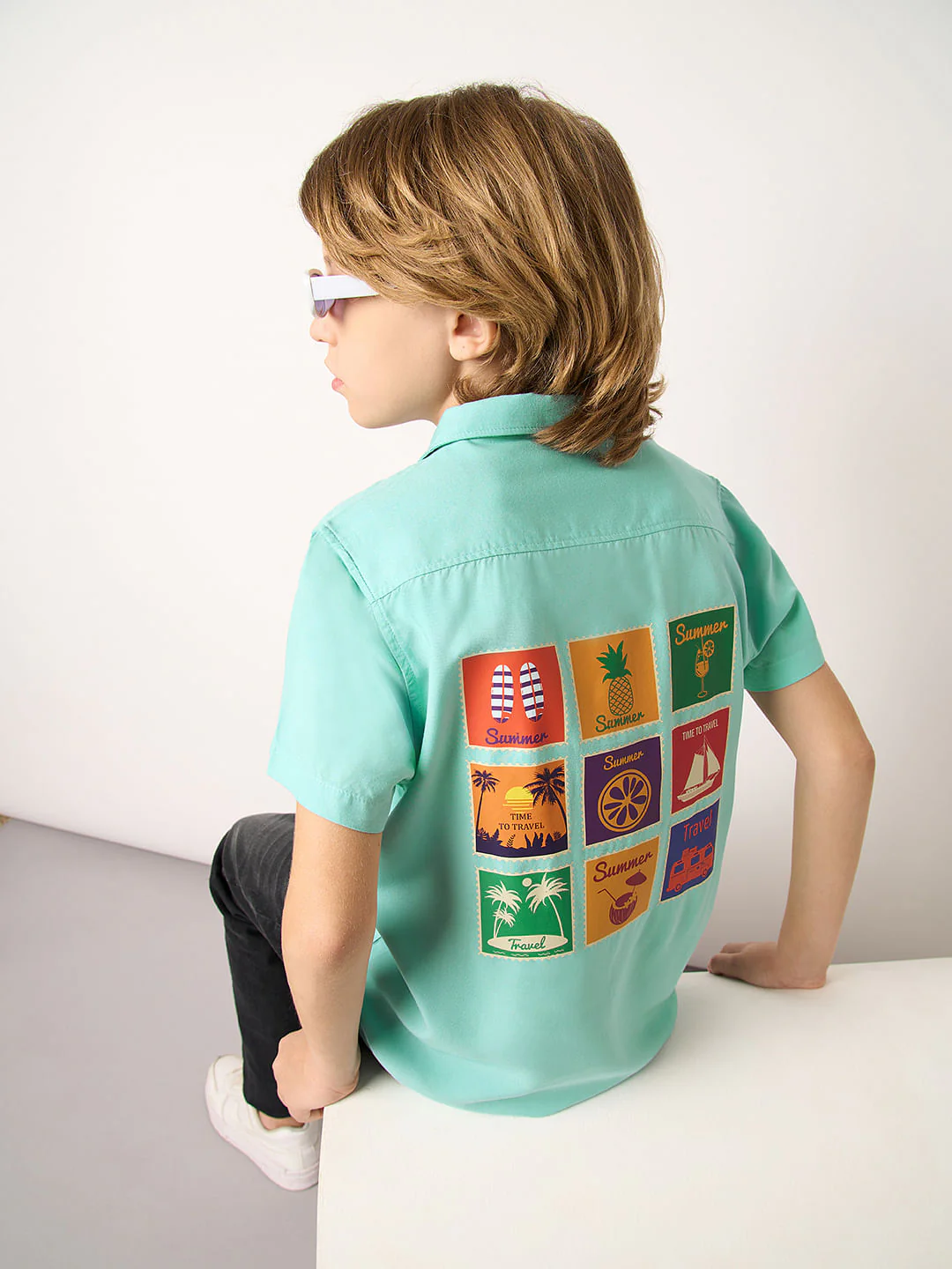 Boys Blue Travel Stamp Short Sleeves Shirt