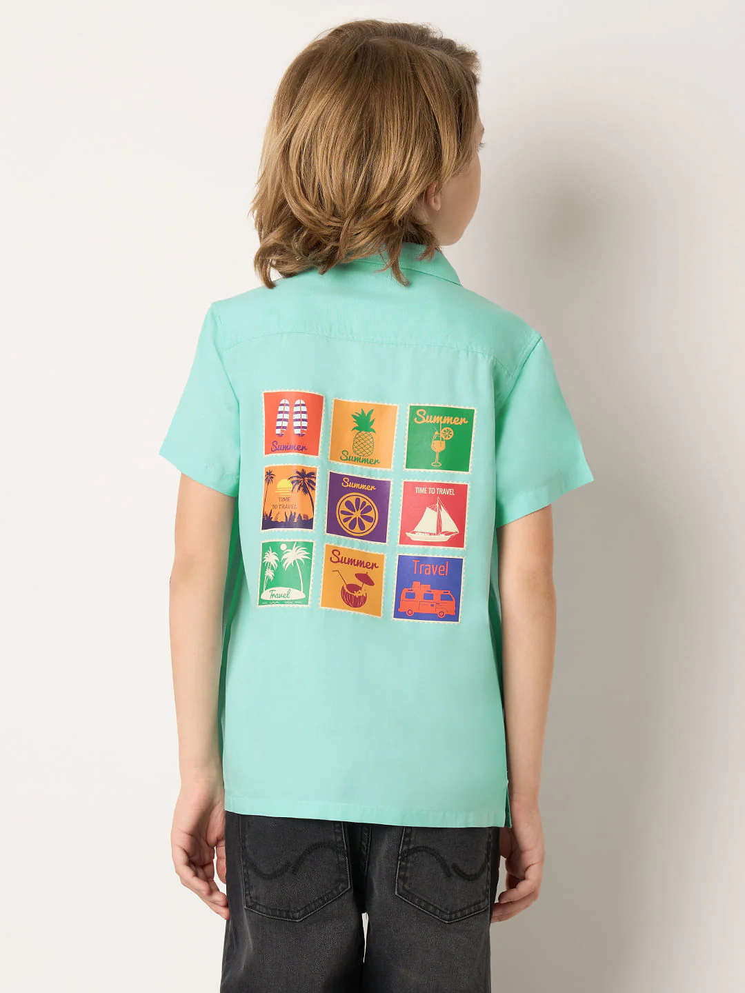 Boys Blue Travel Stamp Short Sleeves Shirt - Image 4