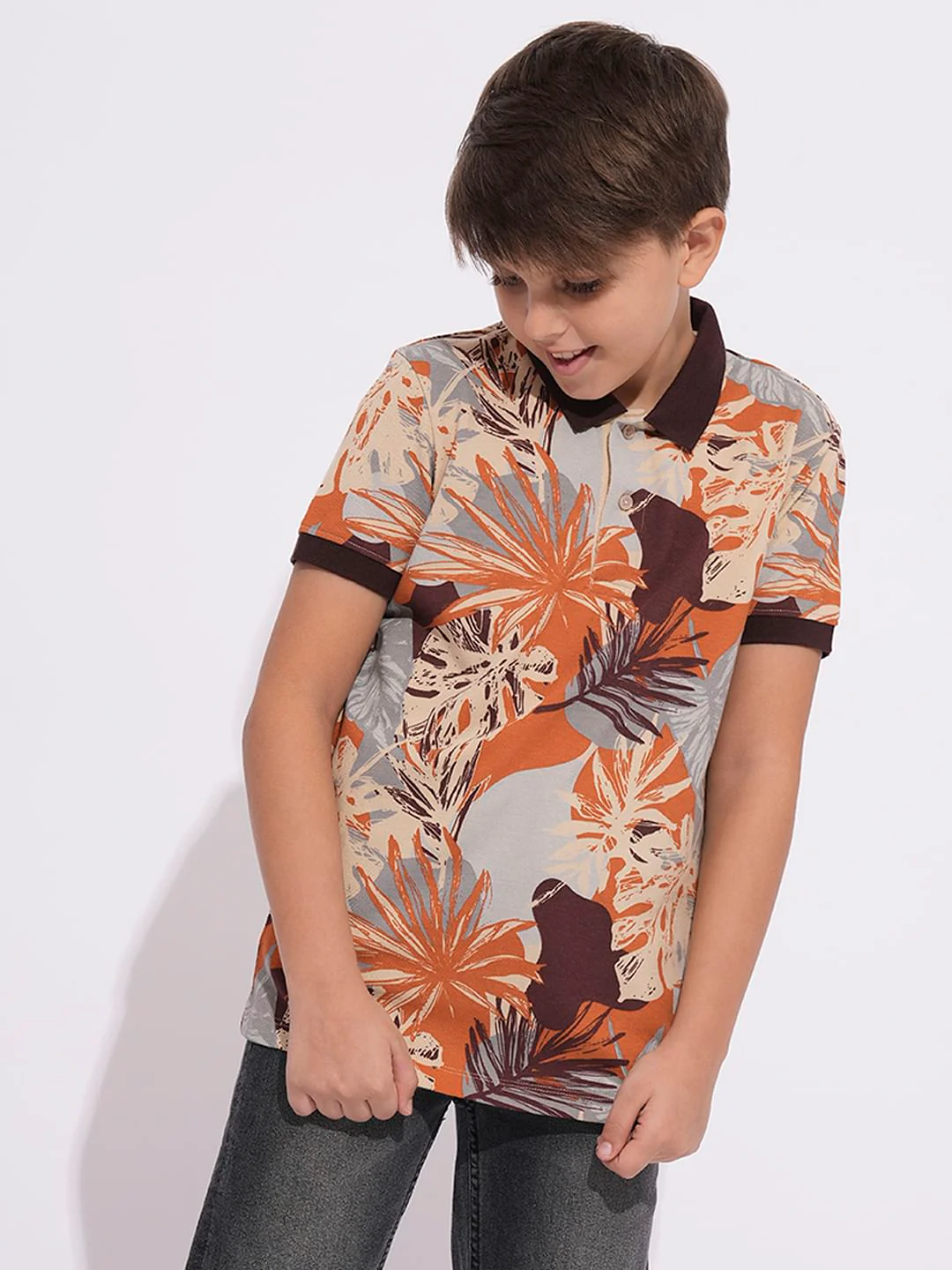 Boys Brown Printed Cotton Polo - Image 2