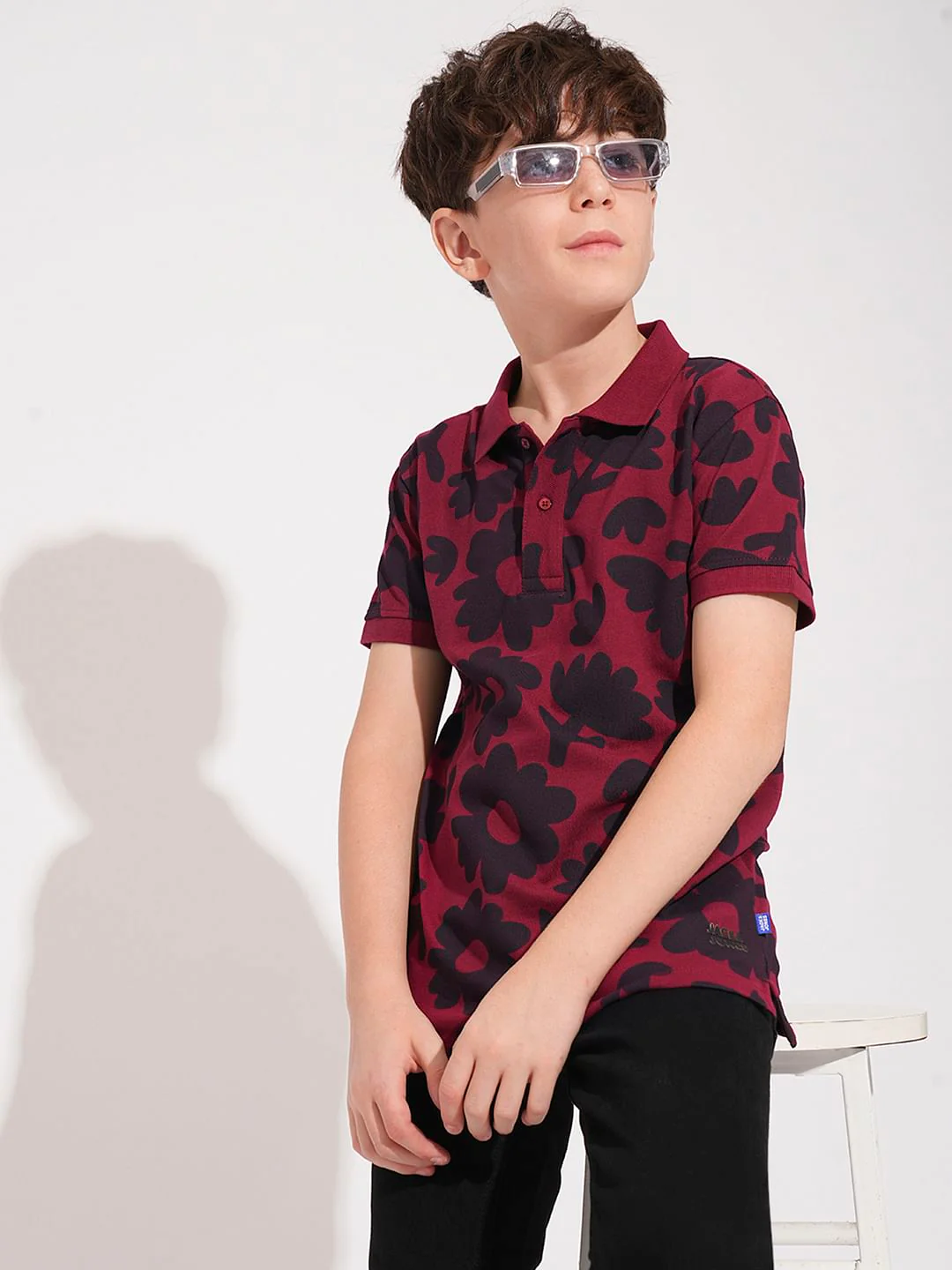 Boys Maroon Floral Cotton Polo