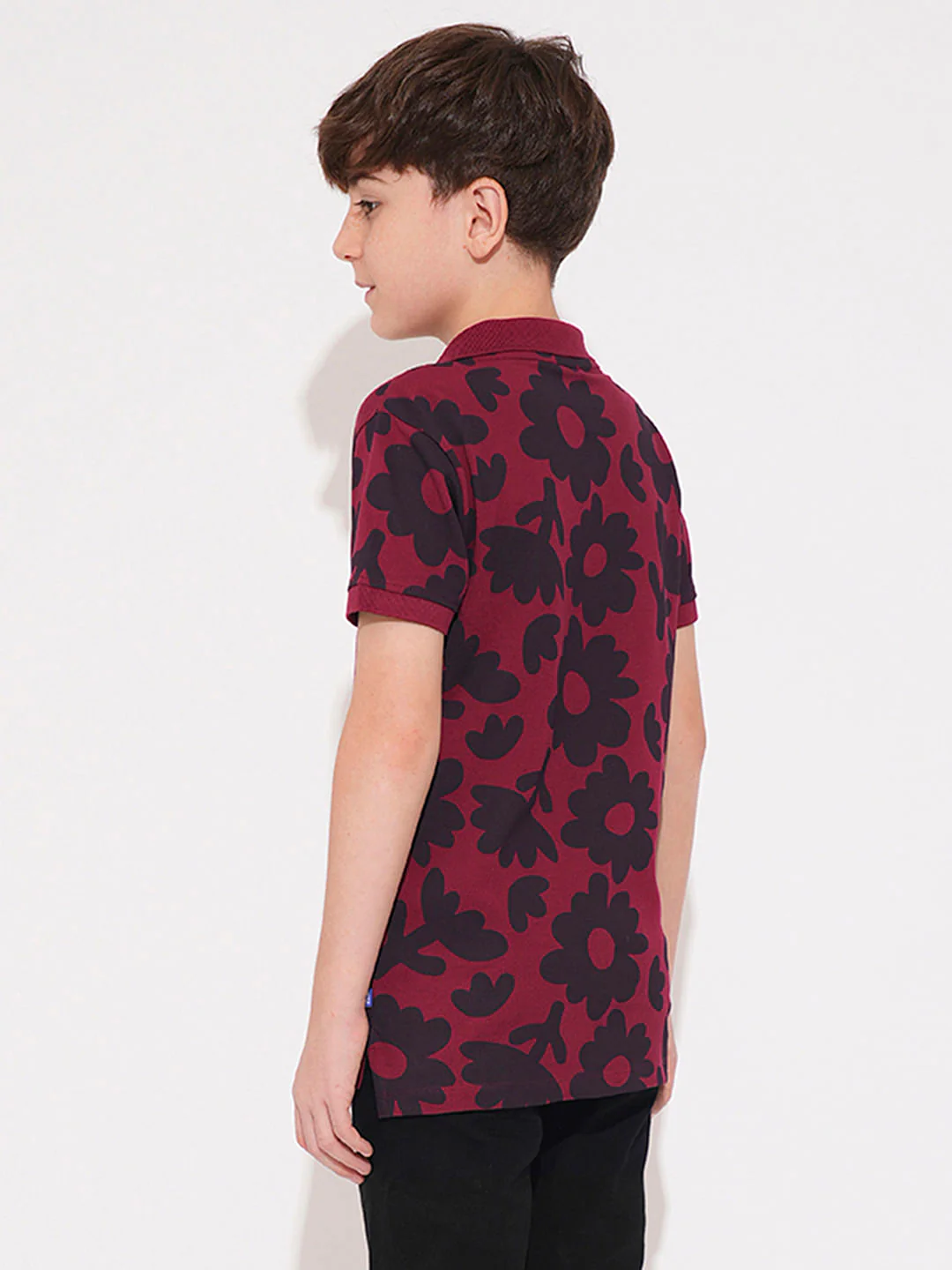 Boys Maroon Floral Cotton Polo - Image 4