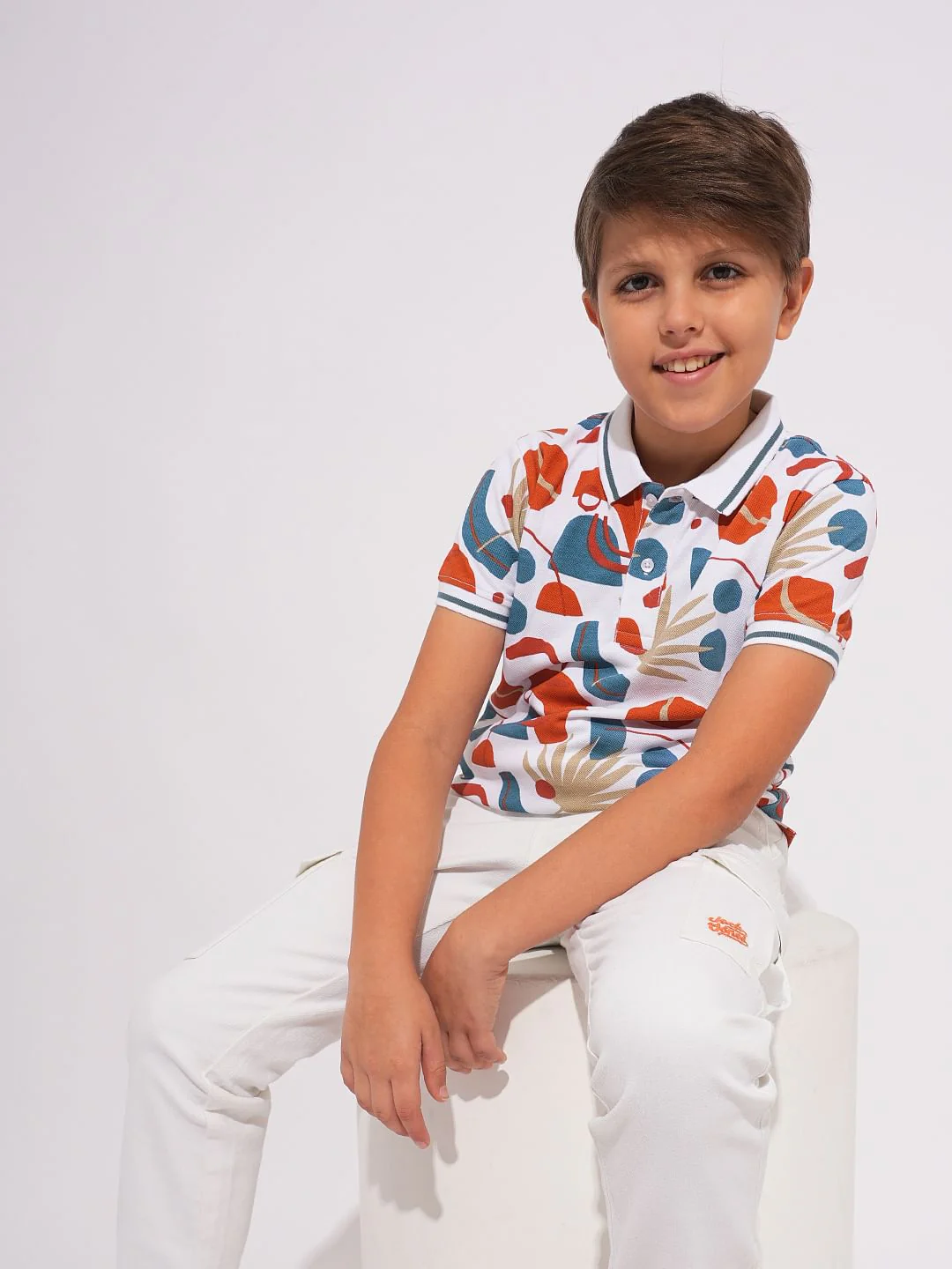 Boys White Printed Cotton Polo