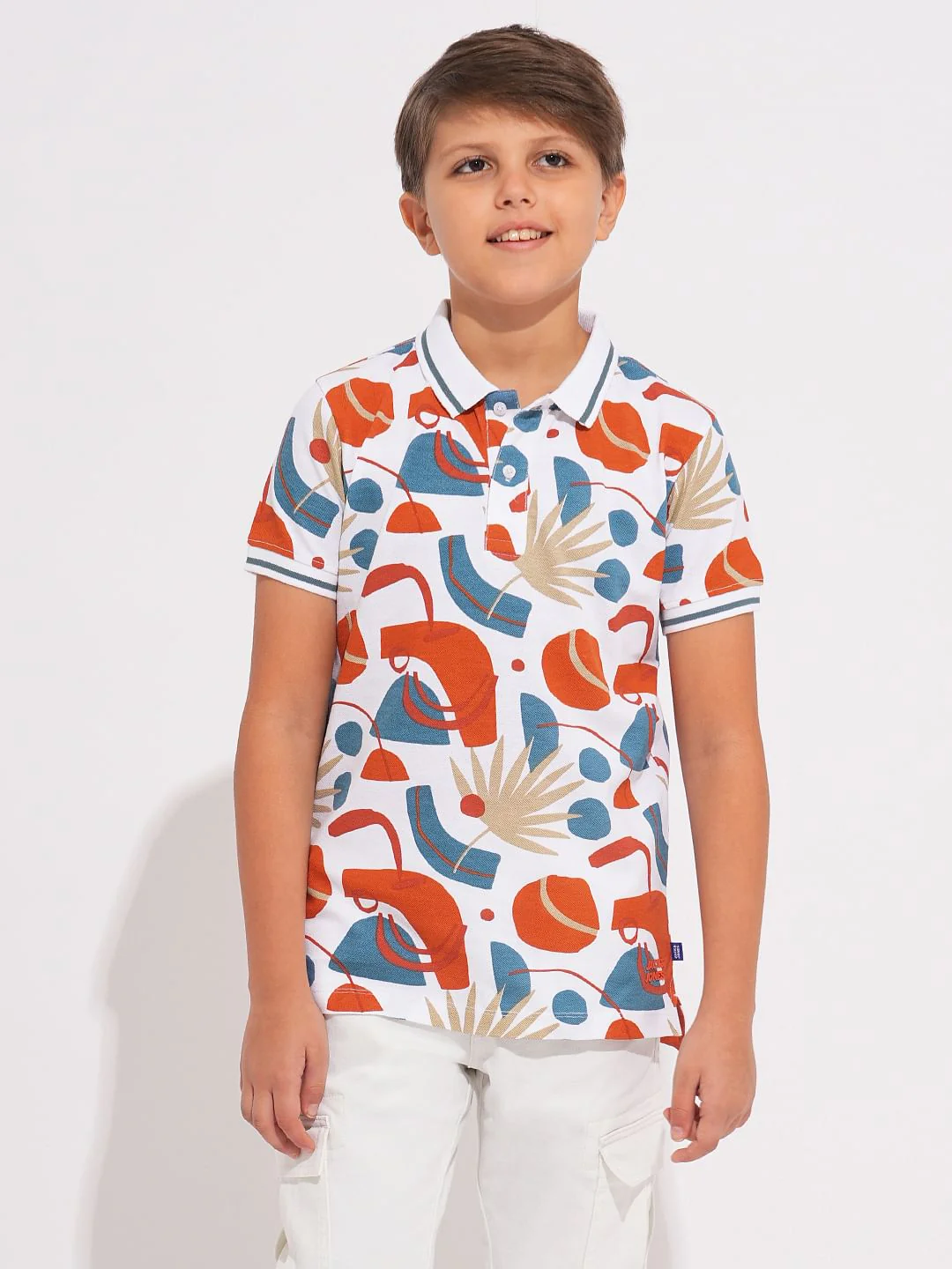 Boys White Printed Cotton Polo - Image 2