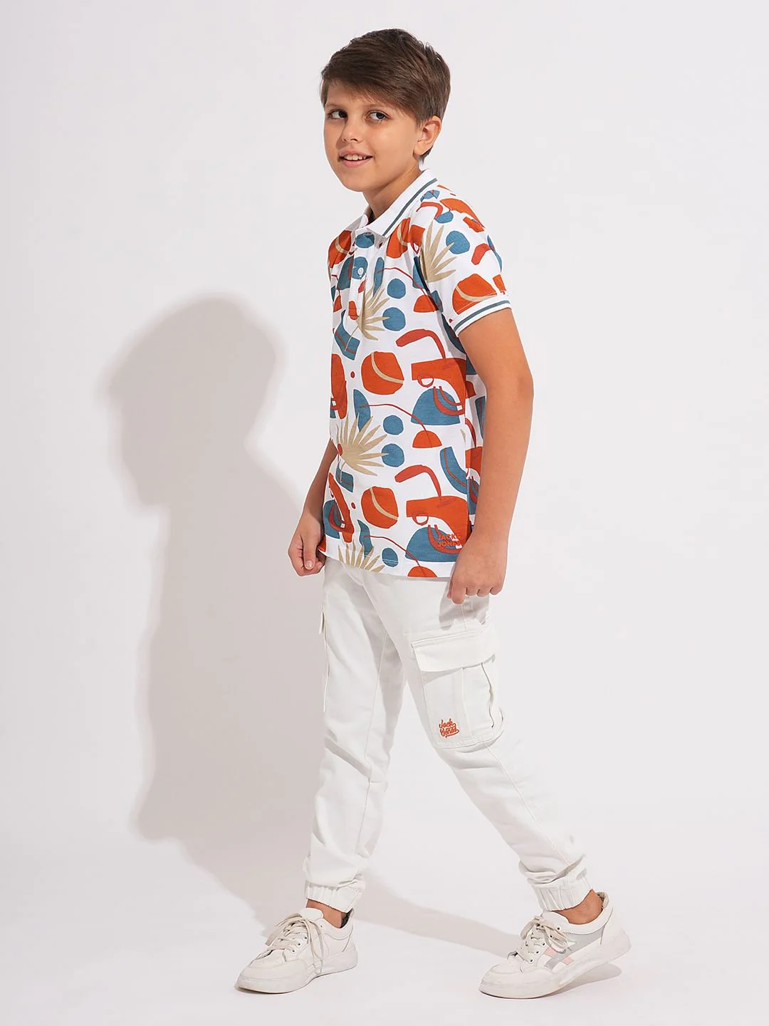 Boys White Printed Cotton Polo - Image 5