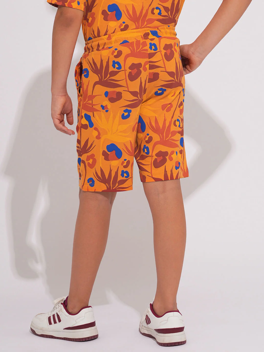 Boys Orange Fall Leaves Print Co-ord Set Shorts - Image 4
