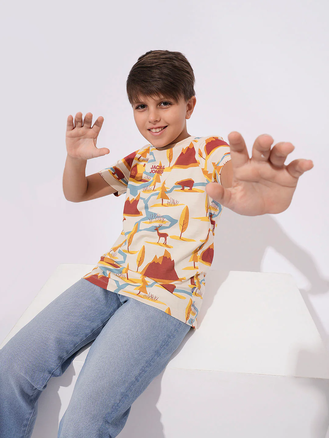 Boys Beige Printed Cotton T-shirt