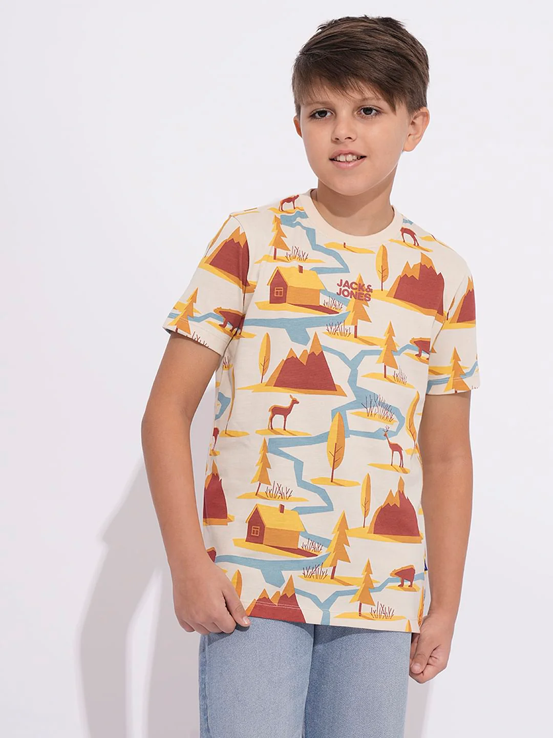 Boys Beige Printed Cotton T-shirt - Image 2