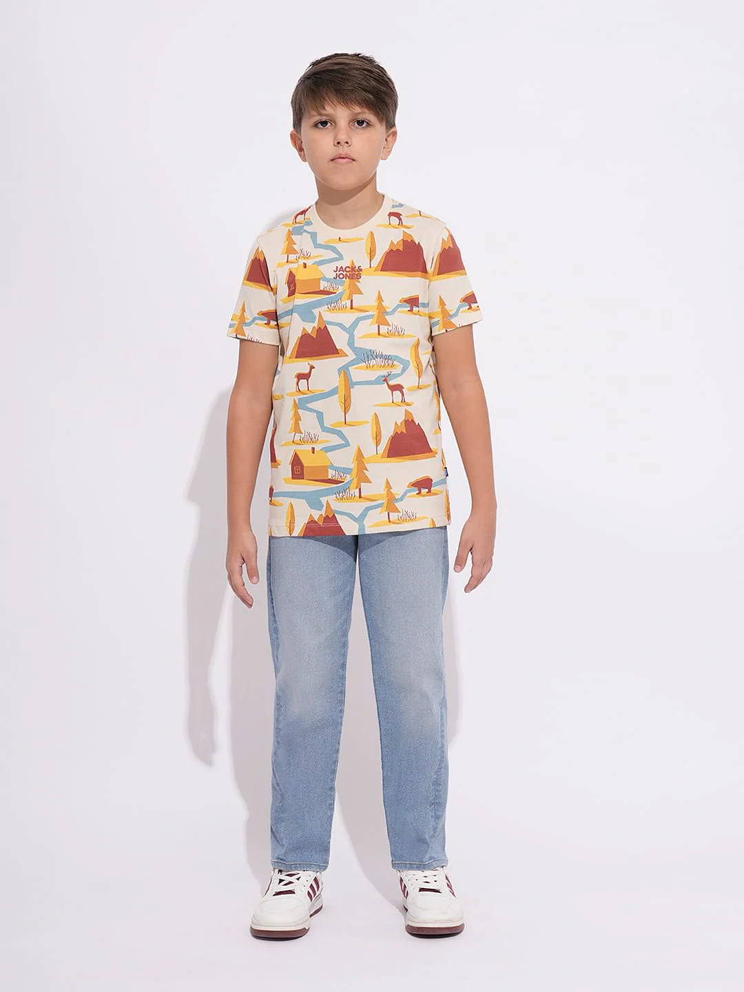 Boys Beige Printed Cotton T-shirt - Image 5
