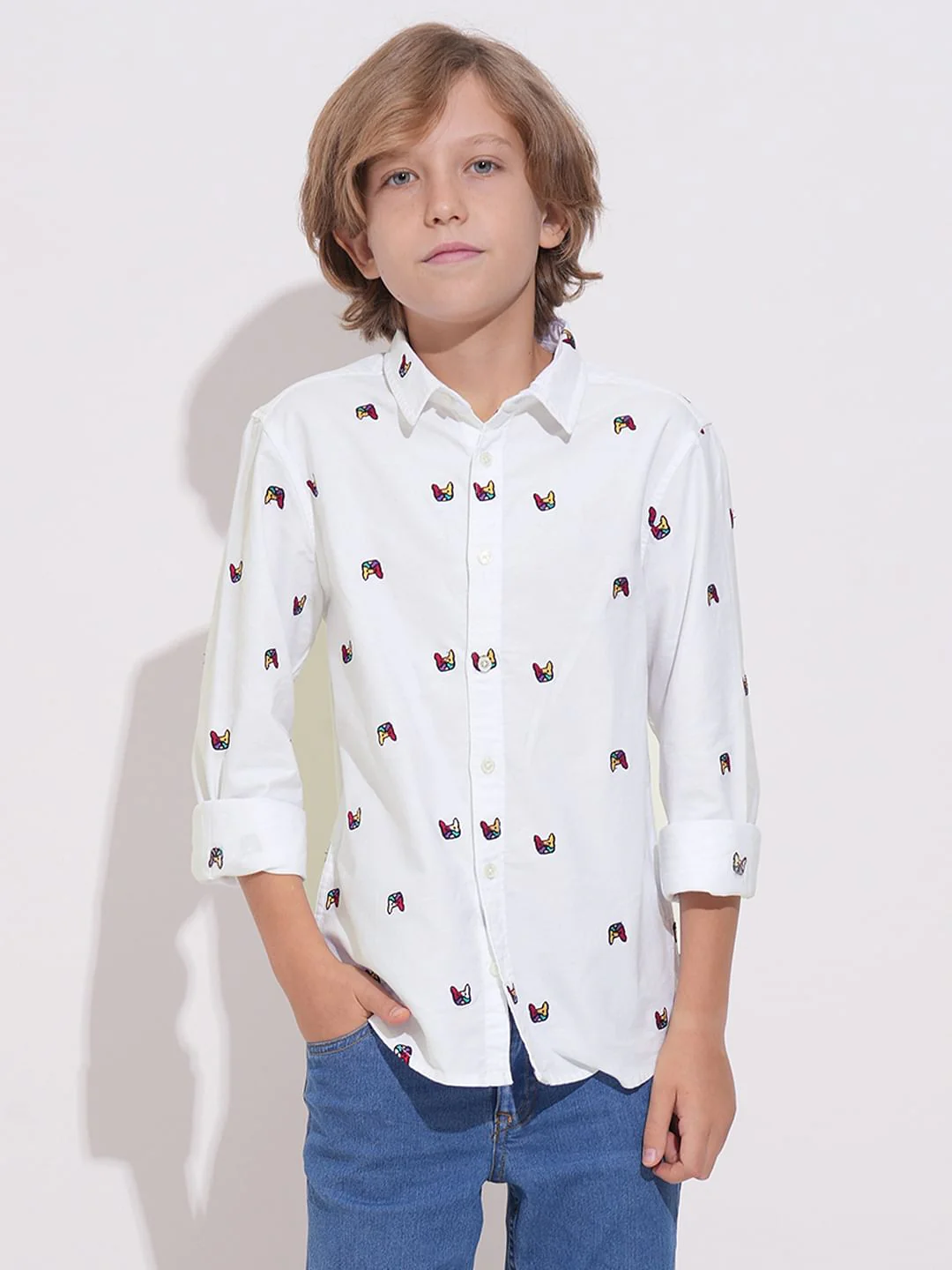 Boys White Embroidered Doggo Shirt - Image 2