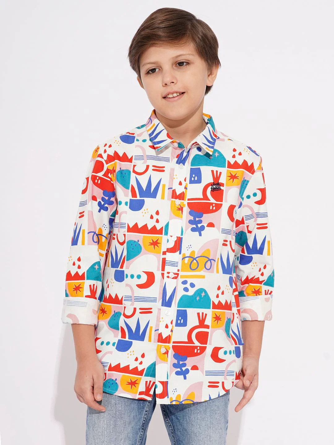 BOYS White Abstract Print Cotton Shirt - Image 2