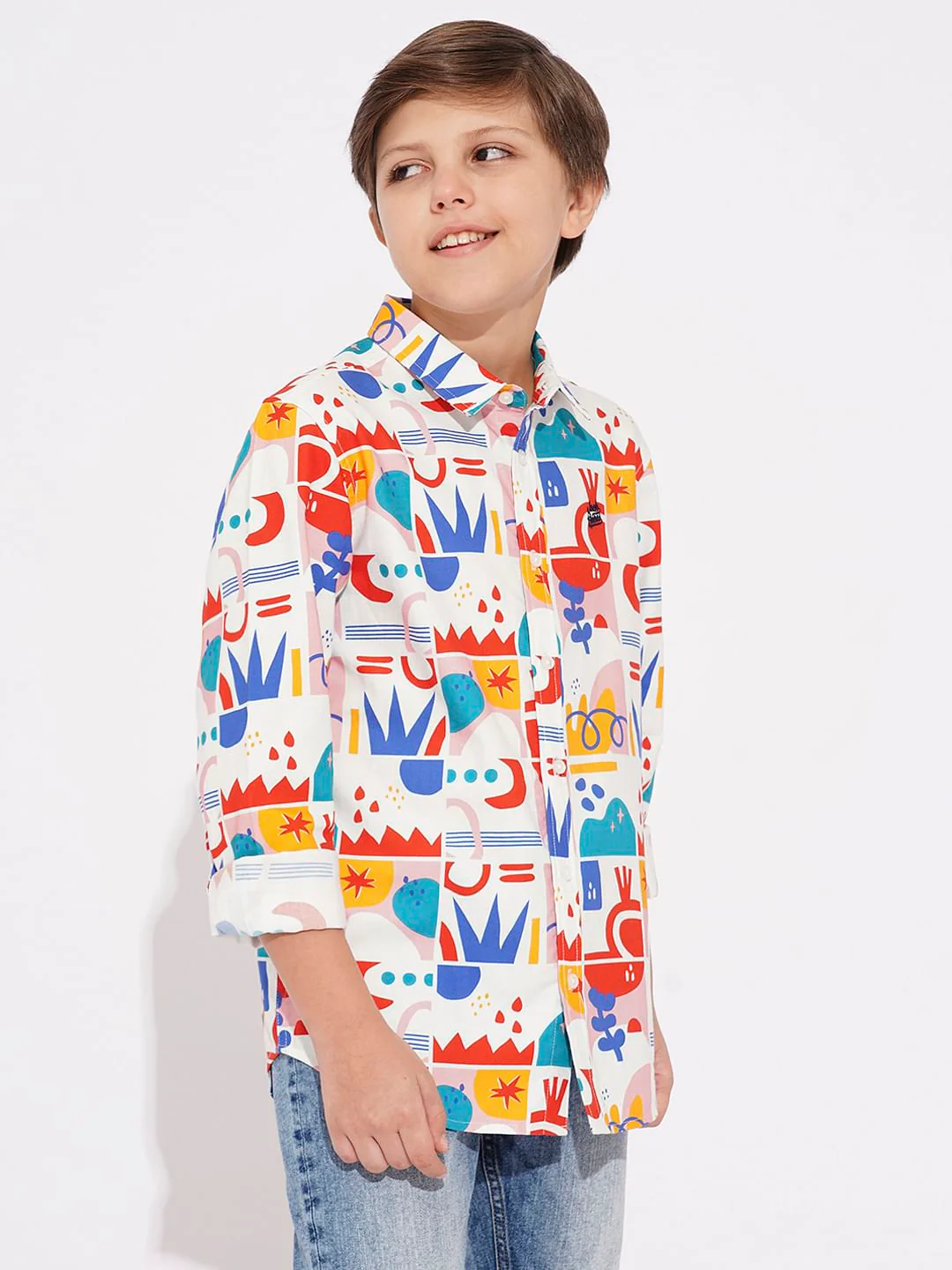 BOYS White Abstract Print Cotton Shirt - Image 3