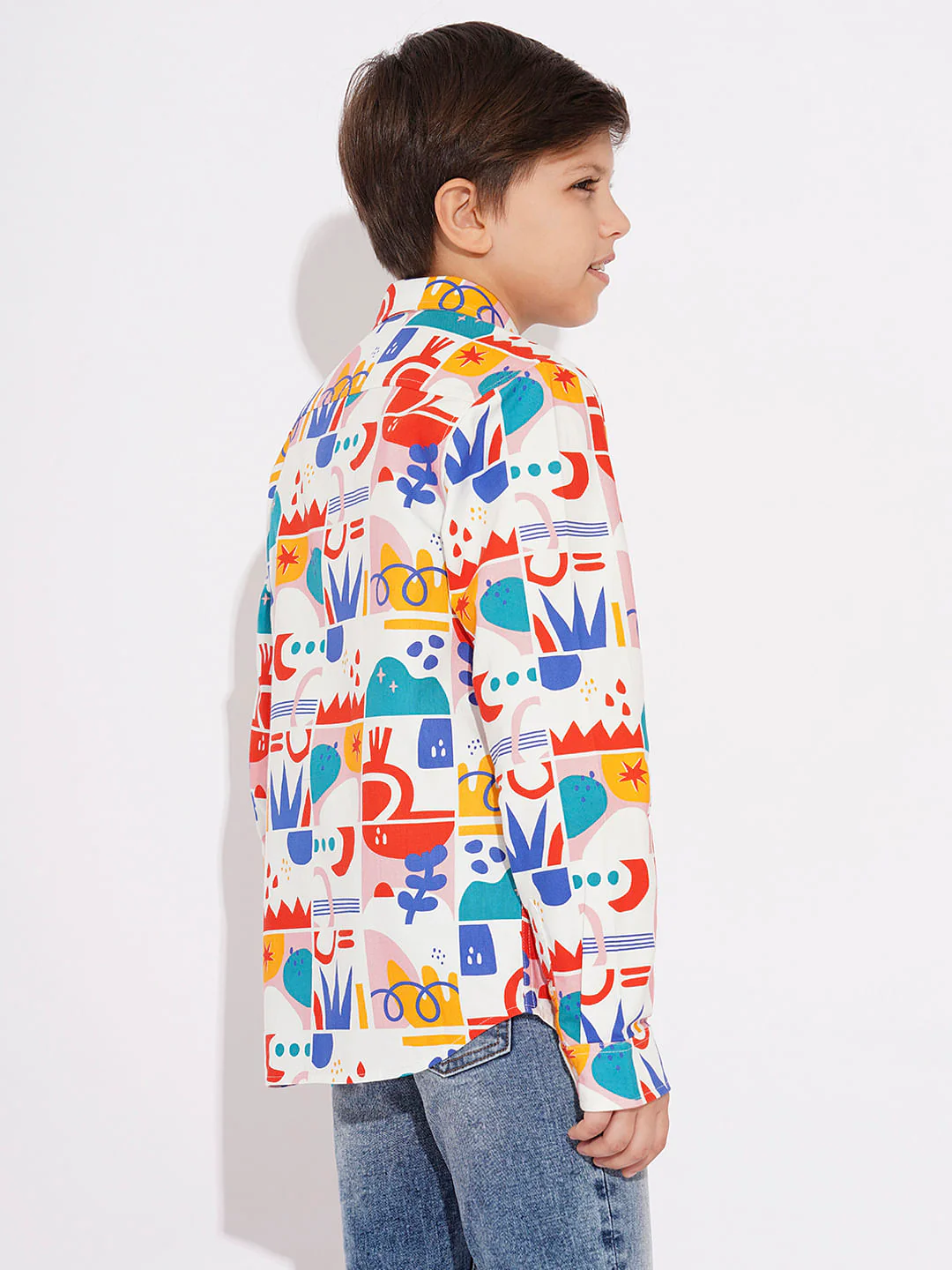 BOYS White Abstract Print Cotton Shirt - Image 4