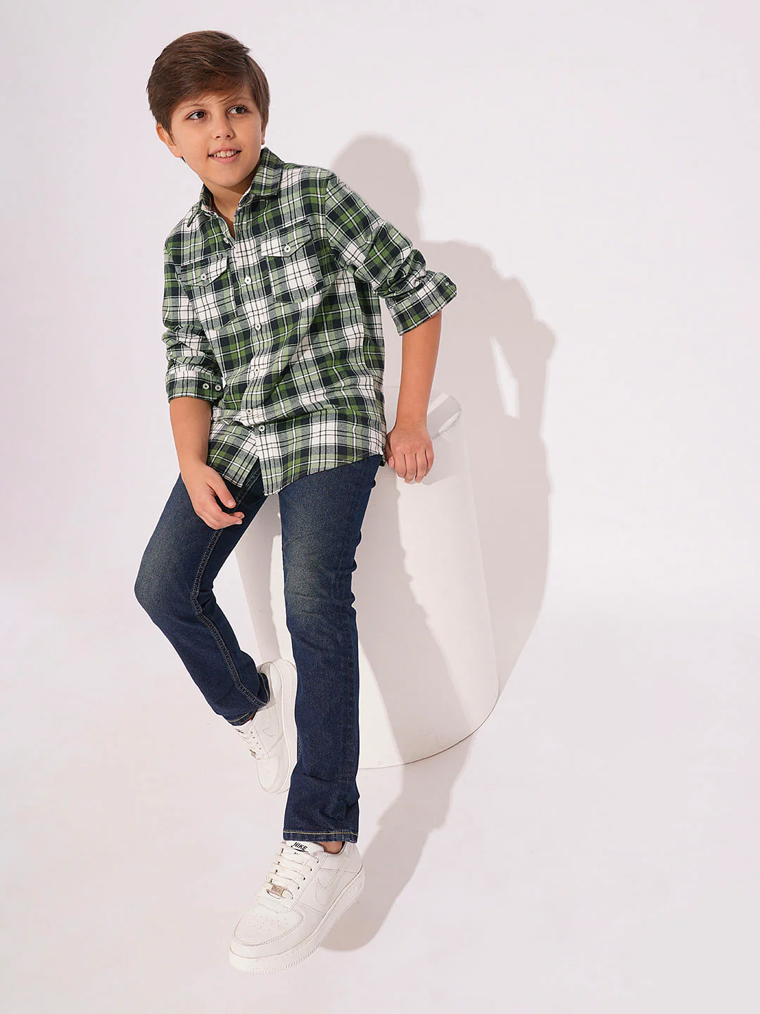 Boys Green Check Print Shirt