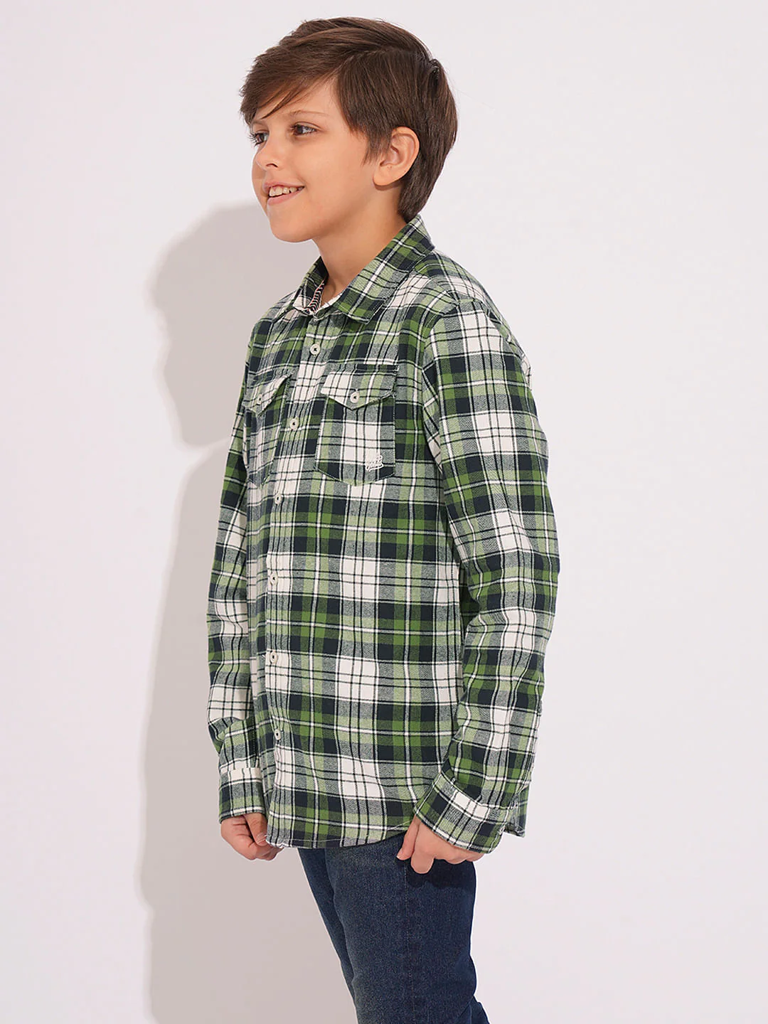 Boys Green Check Print Shirt - Image 3