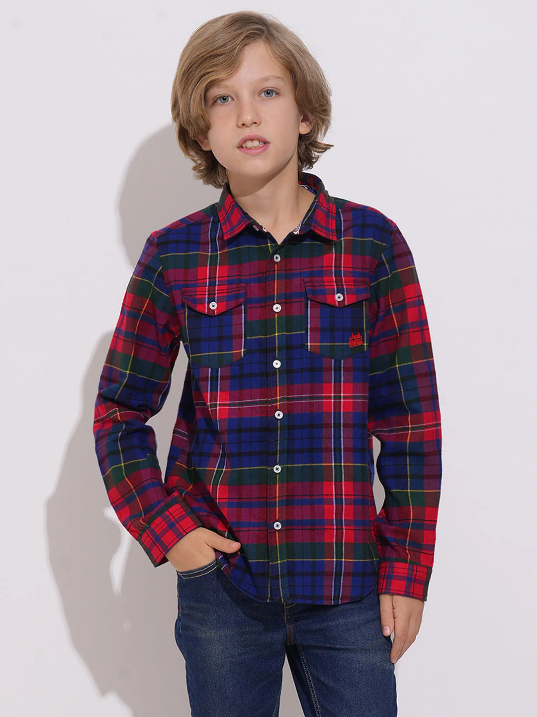 Boys Red Check Full Sleeves Shirt - Image 2