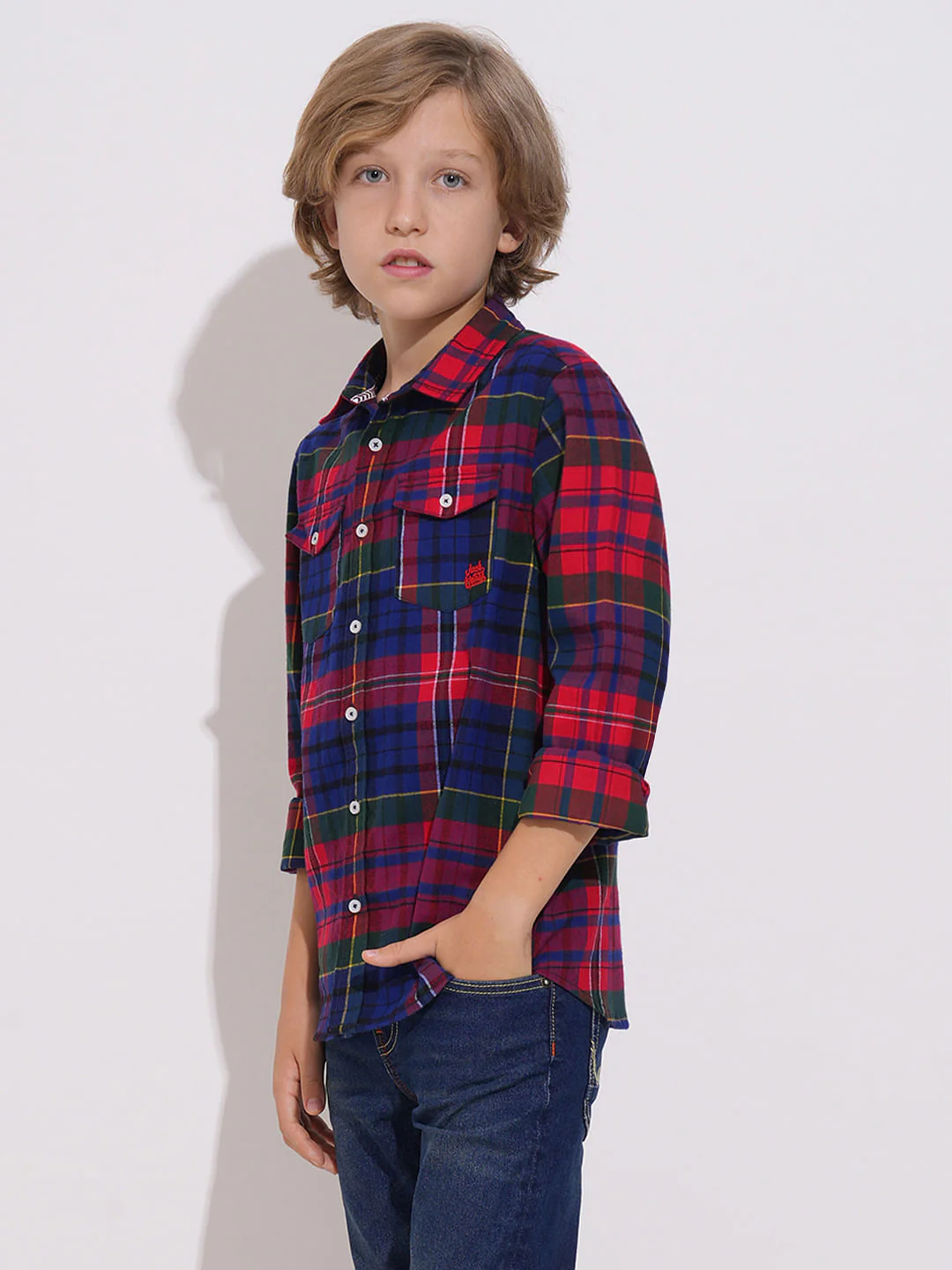Boys Red Check Full Sleeves Shirt - Image 3