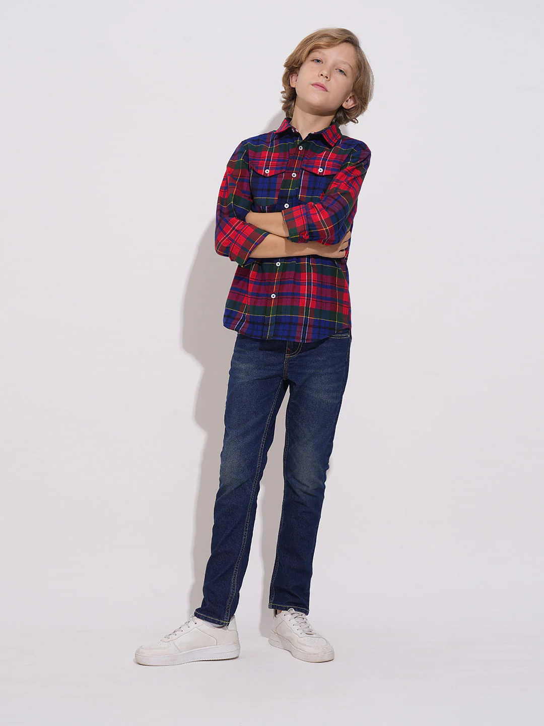 Boys Red Check Full Sleeves Shirt - Image 5