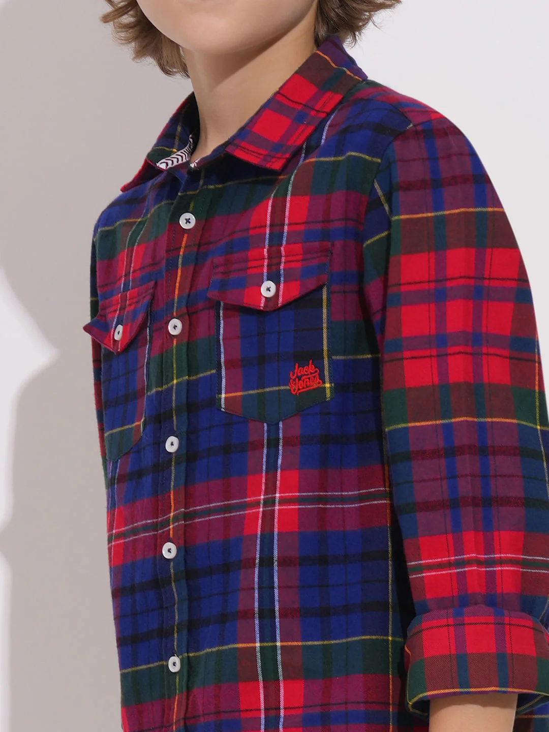 Boys Red Check Full Sleeves Shirt - Image 6