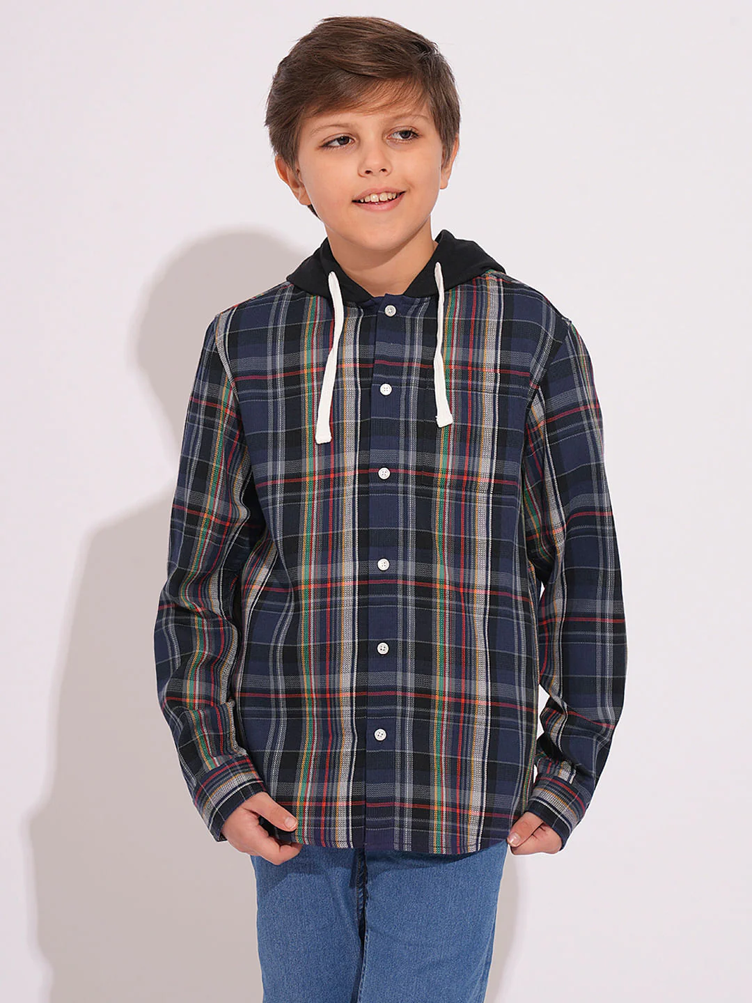 Boys Blue Hooded Check Shirt - Image 2