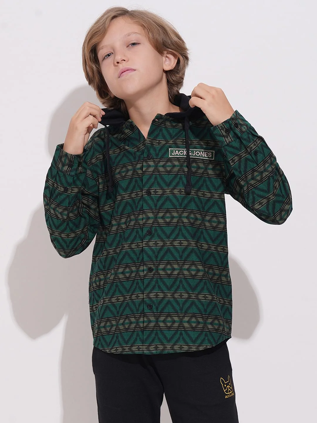 Boys Green Check Hooded Jacquard Shirt - Image 2