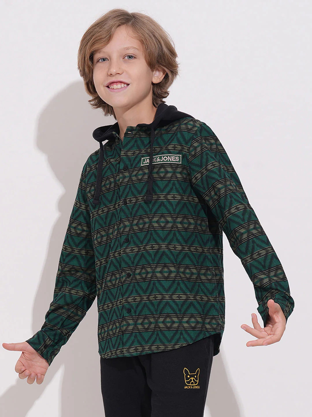 Boys Green Check Hooded Jacquard Shirt - Image 3