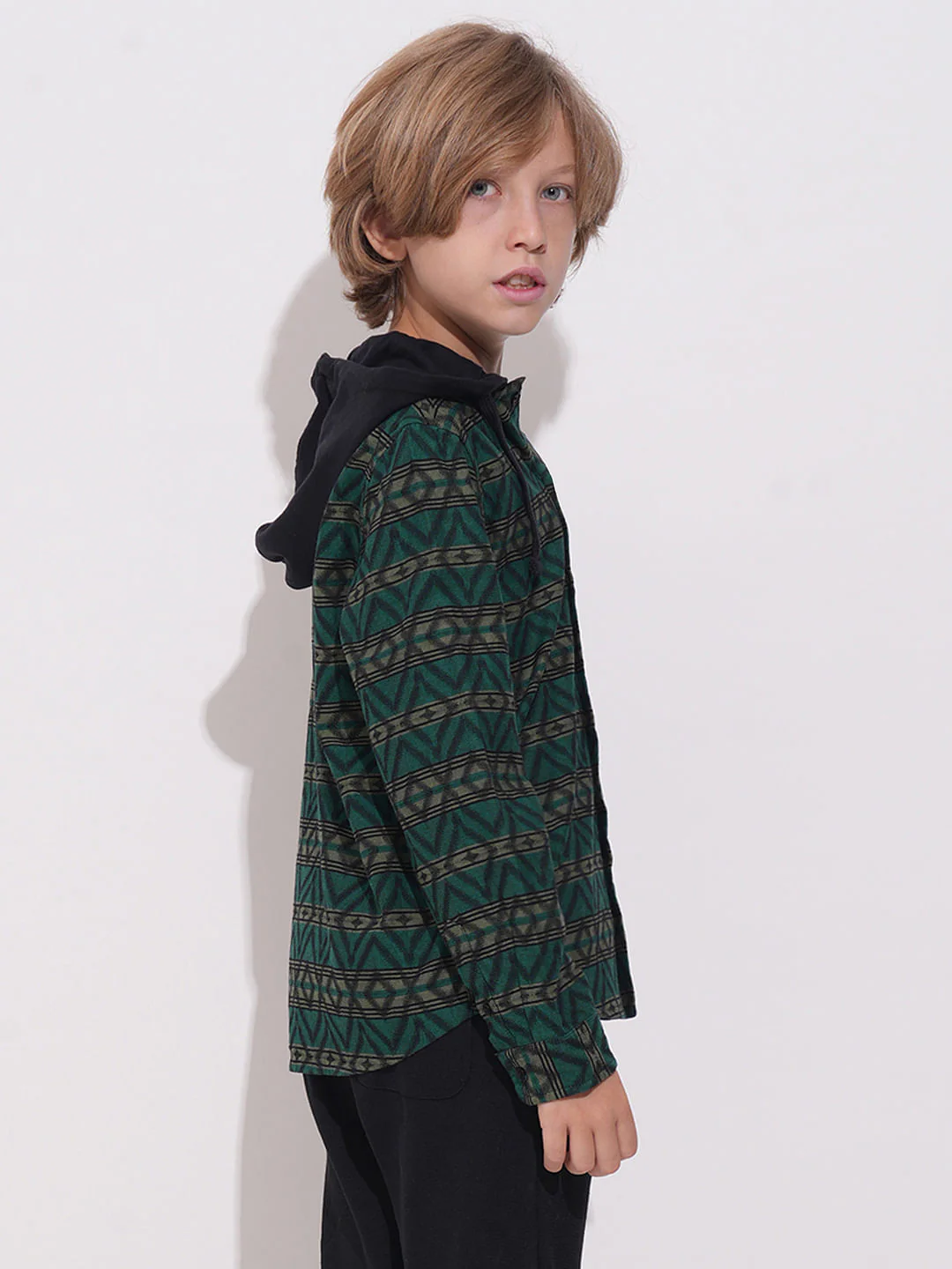Boys Green Check Hooded Jacquard Shirt - Image 4